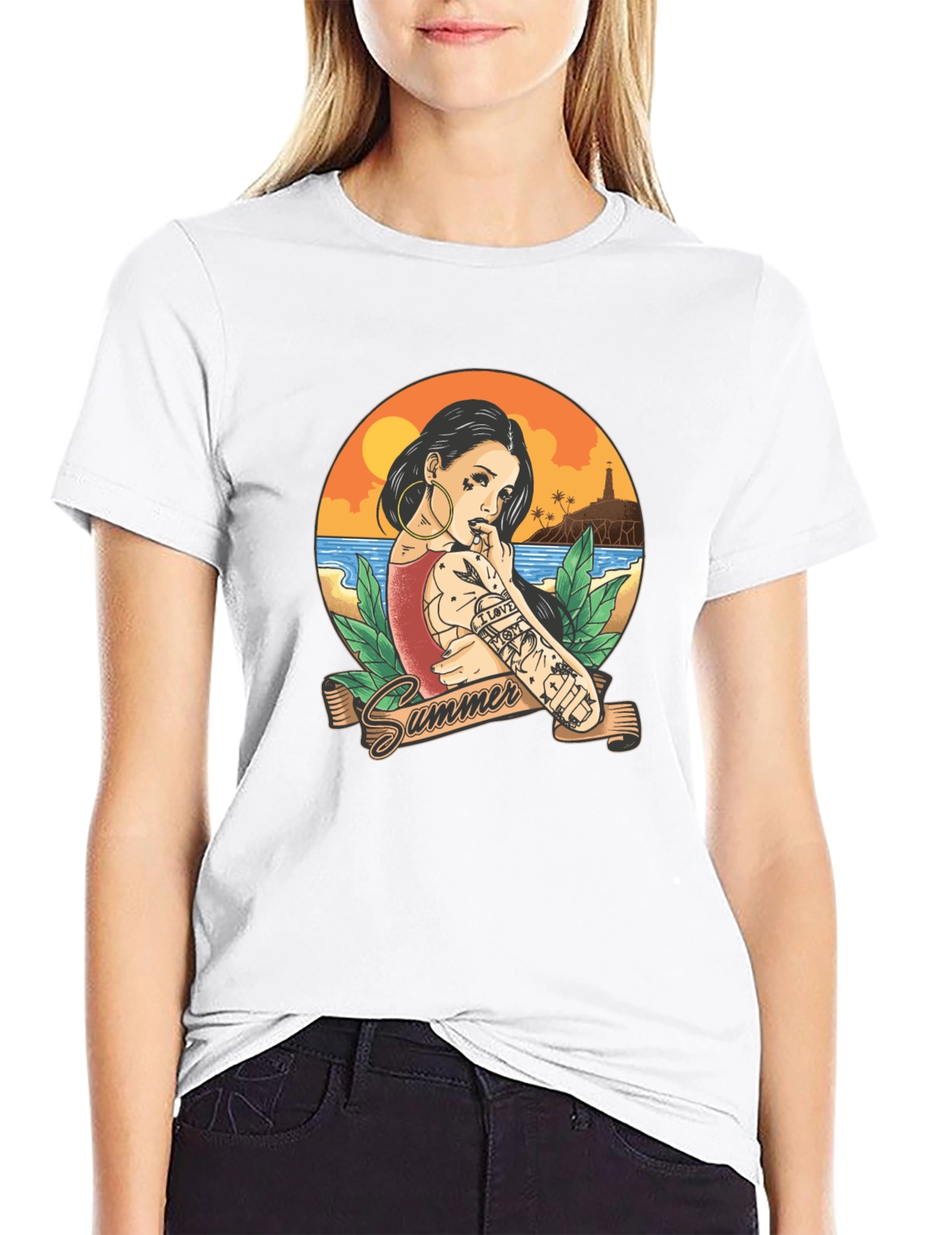 Summer Tattoo Girl Graphic T-Shirt - Black