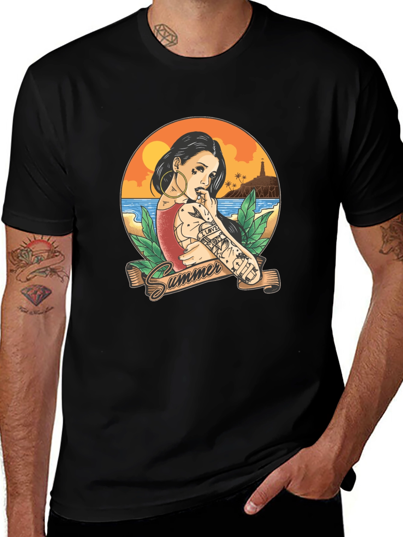 Summer Tattoo Girl Graphic T-Shirt - Black