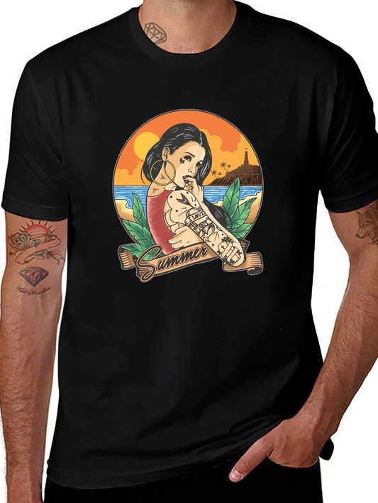 Summer Tattoo Girl Graphic T-Shirt - Black