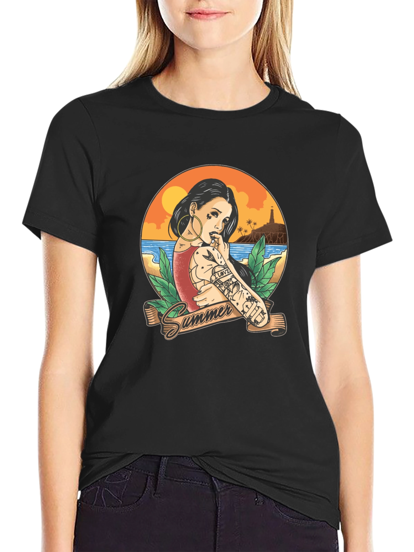 Summer Tattoo Girl Graphic T-Shirt - Black