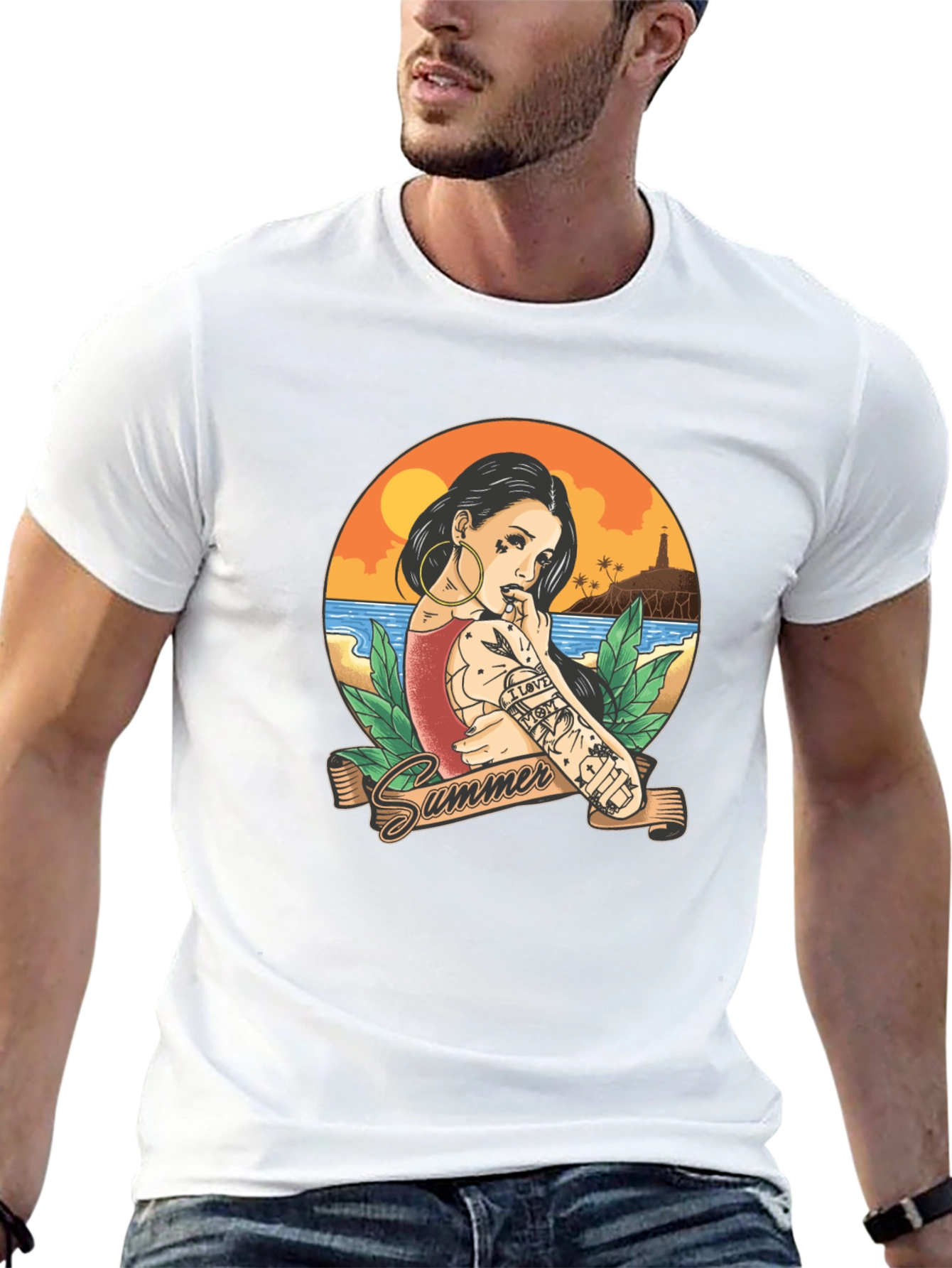Summer Tattoo Girl Graphic T-Shirt - Black