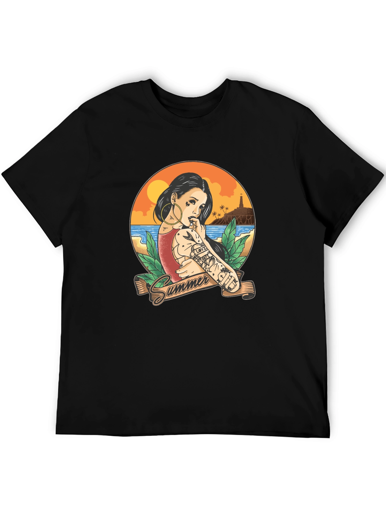 Summer Tattoo Girl Graphic T-Shirt - Black