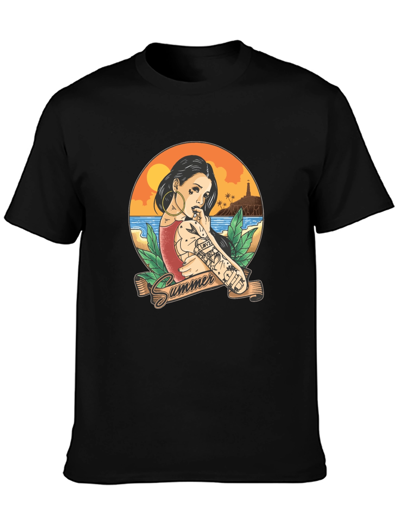 Summer Tattoo Girl Graphic T-Shirt - Black