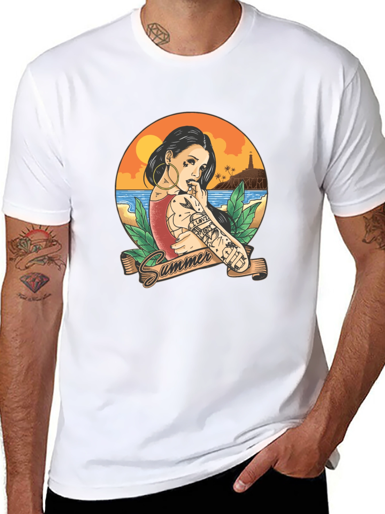 Summer Tattoo Girl Graphic T-Shirt - Black