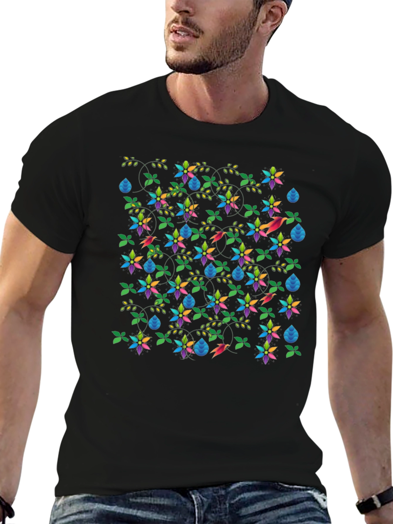 Floral & Fauna Print Black T-Shirt