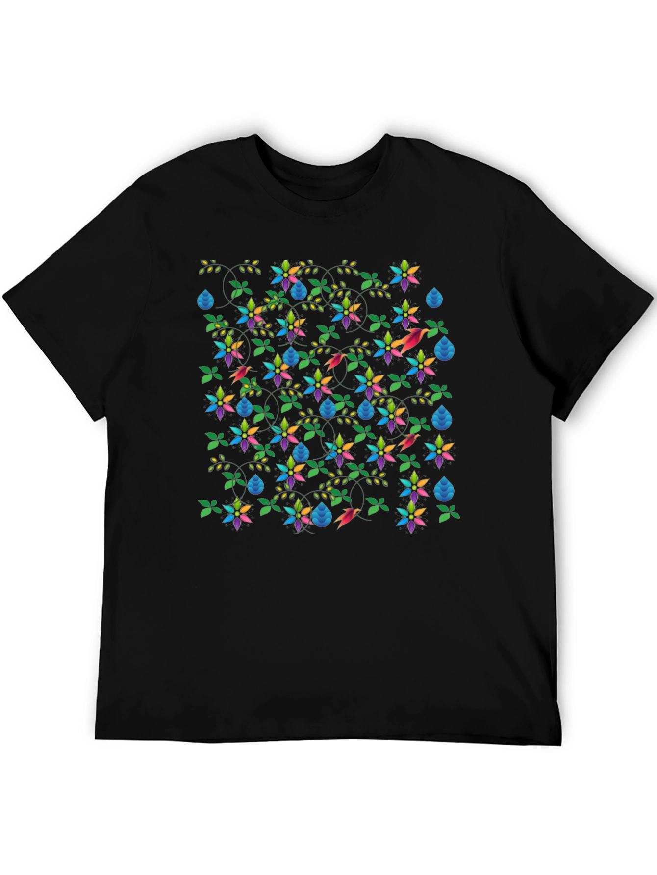 Floral & Fauna Print Black T-Shirt