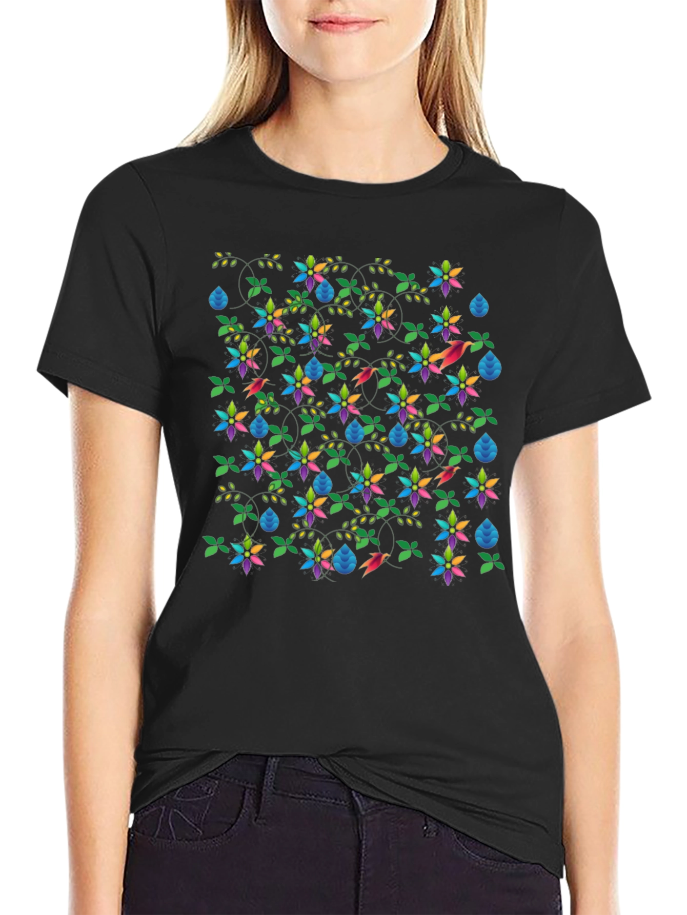 Floral & Fauna Print Black T-Shirt