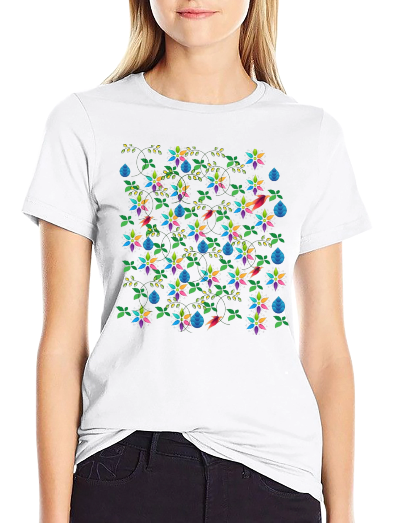 Floral & Fauna Print Black T-Shirt
