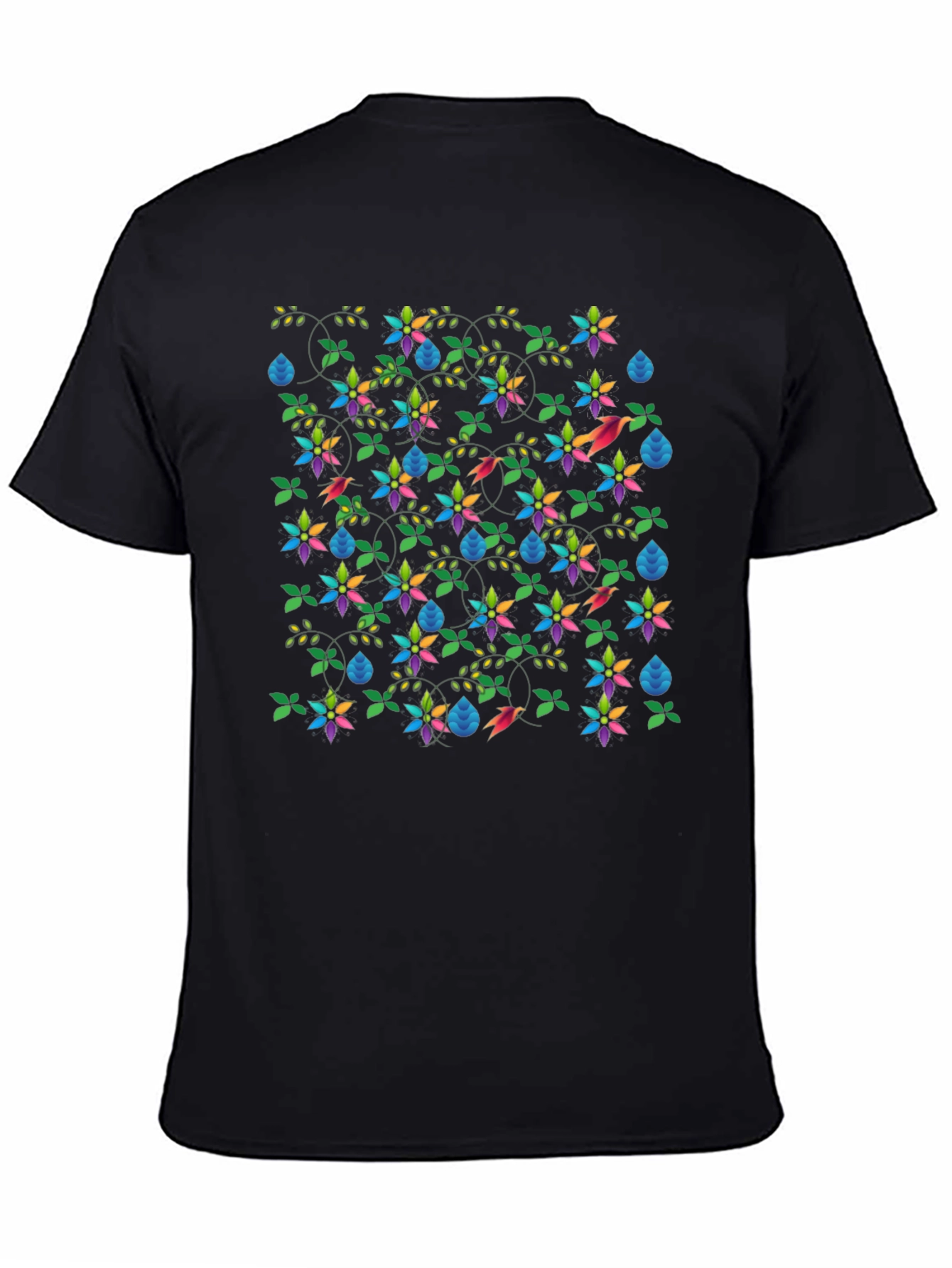 Floral & Fauna Print Black T-Shirt