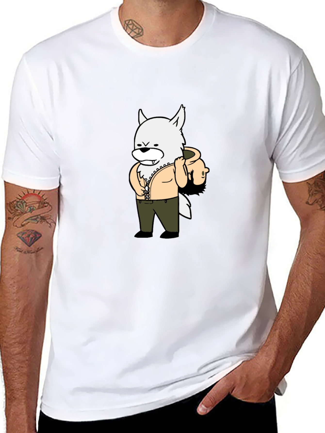Cartoon Wolf Graphic Tee - Black