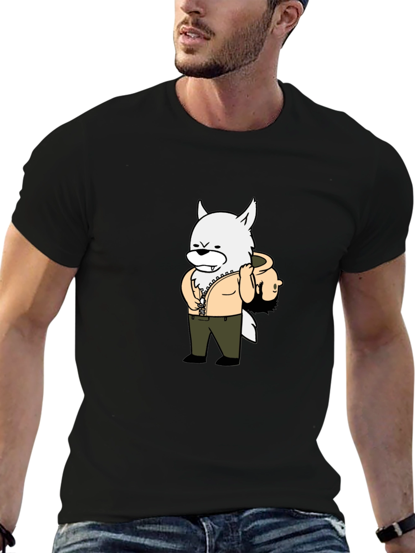 Cartoon Wolf Graphic Tee - Black