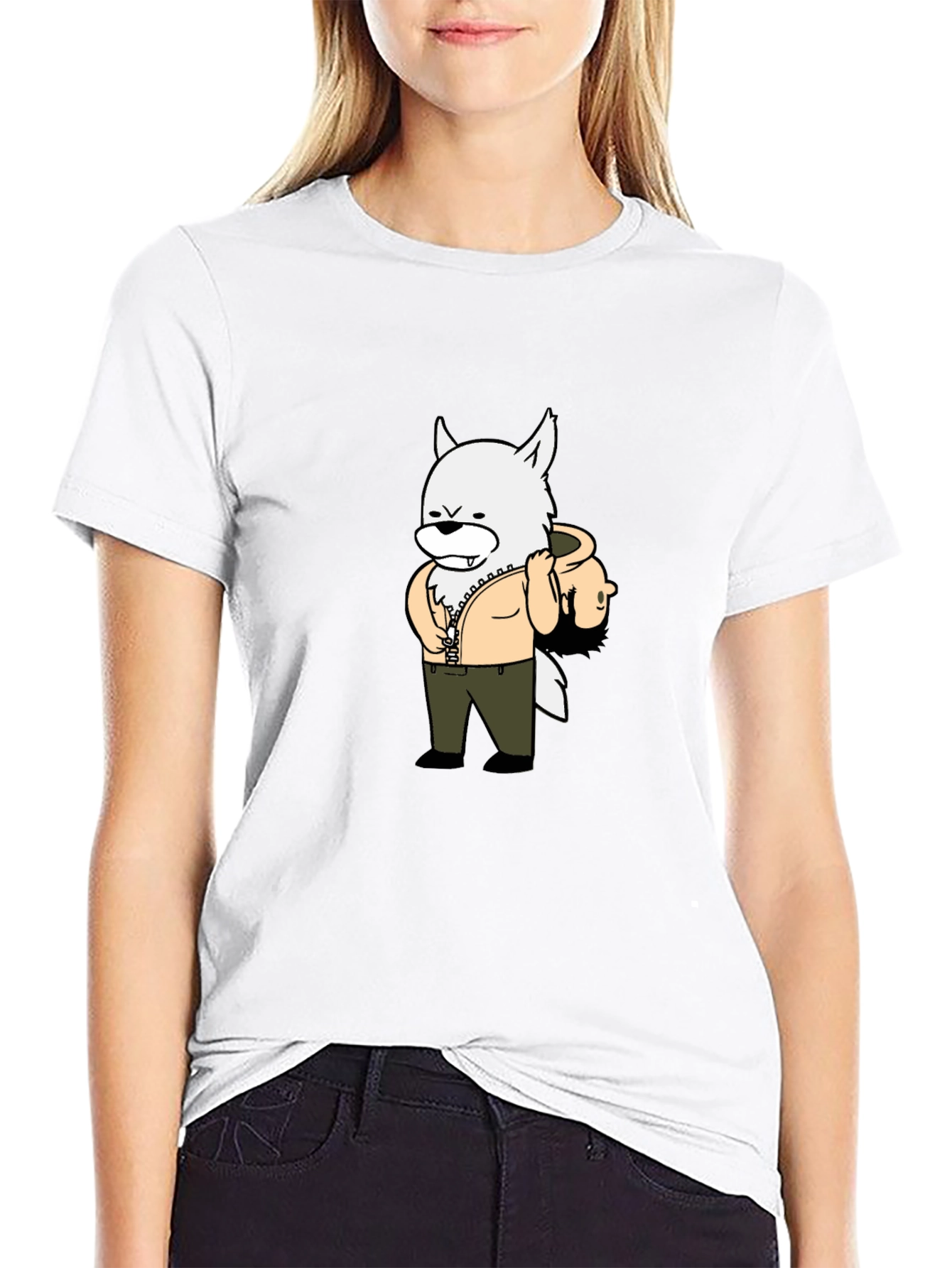 Cartoon Wolf Graphic Tee - Black