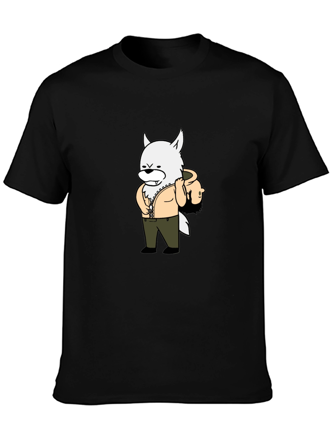 Cartoon Wolf Graphic Tee - Black