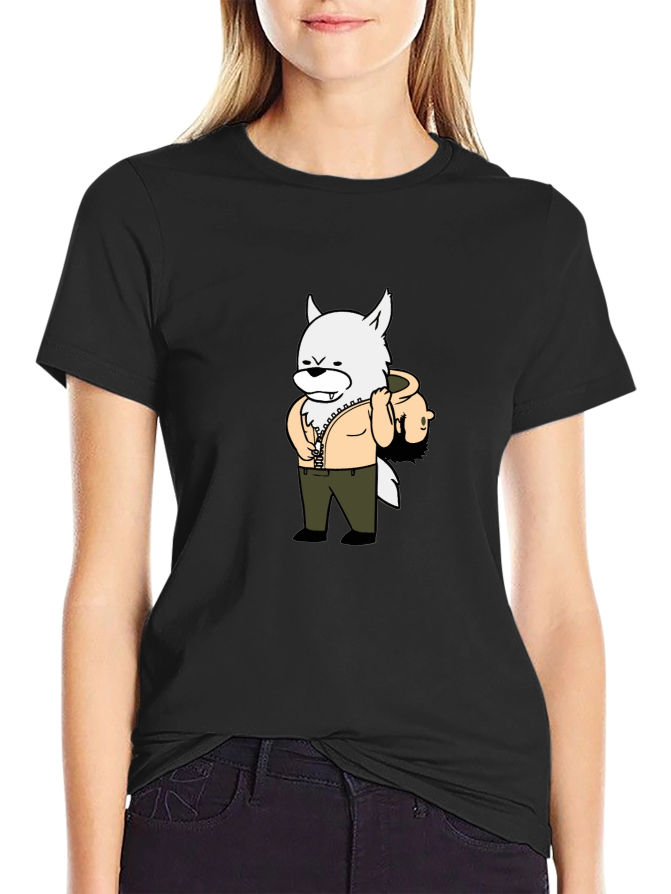 Cartoon Wolf Graphic Tee - Black