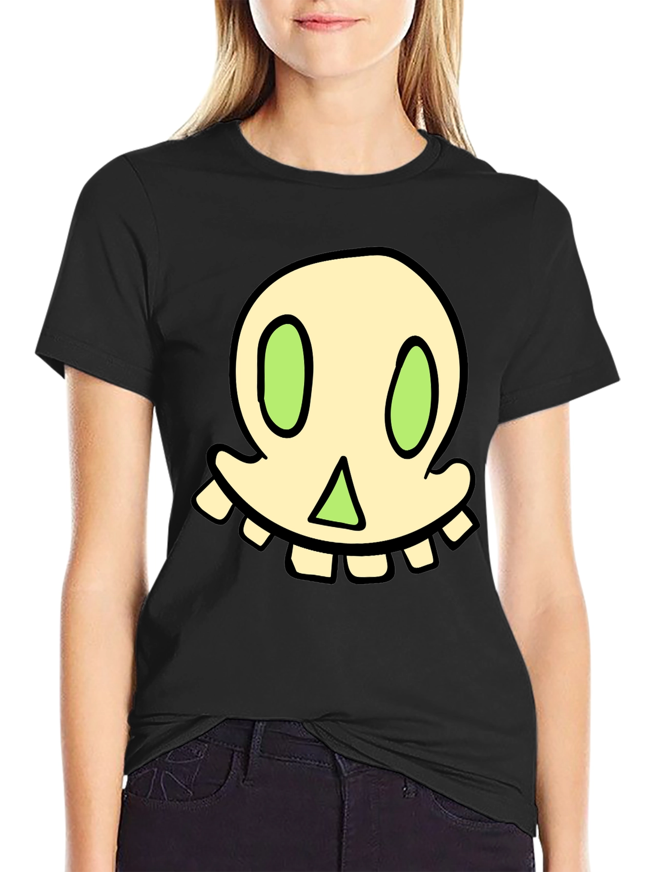 Cartoon Skull Graphic Tee - Black Cotton Blend