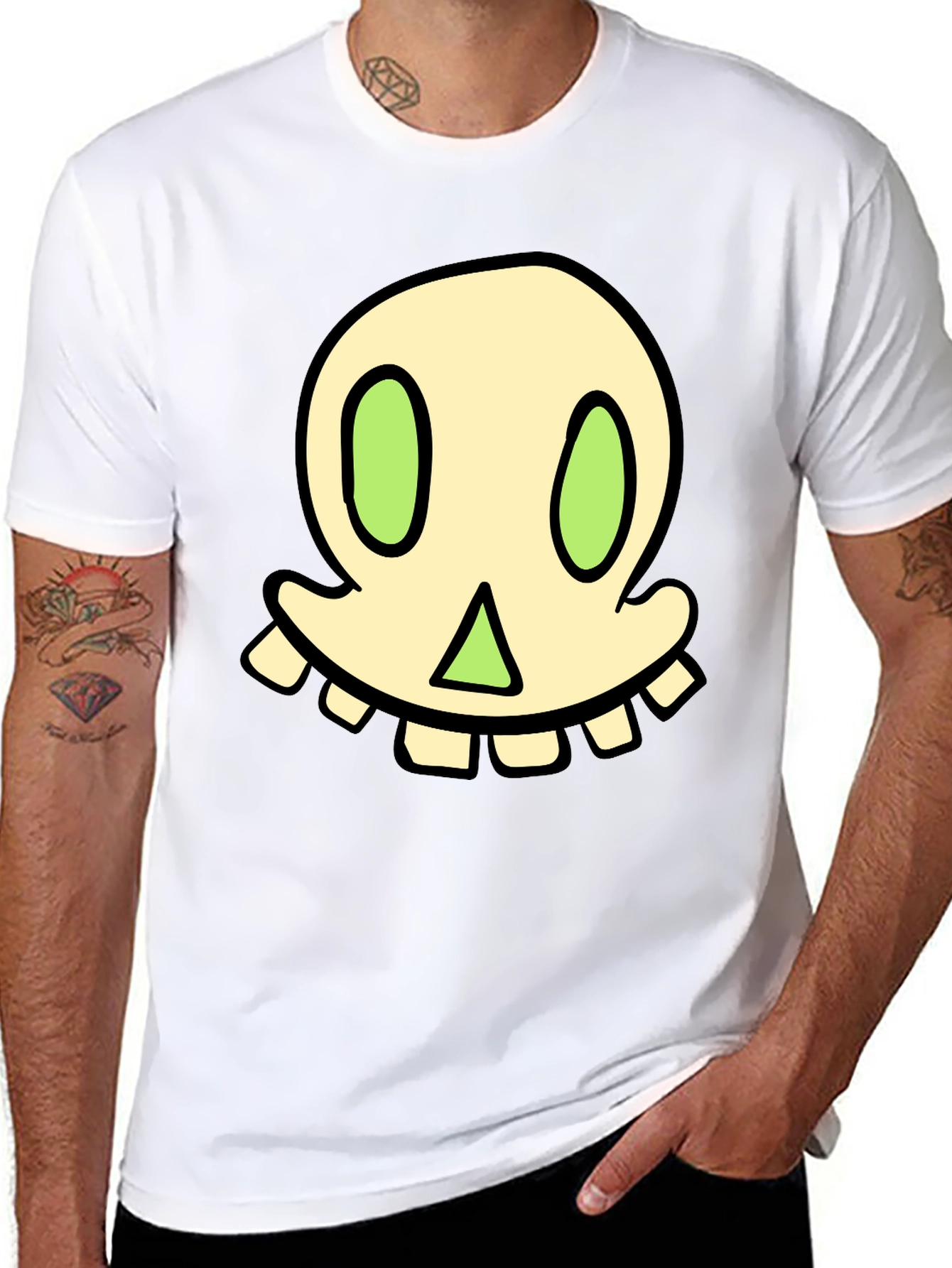 Cartoon Skull Graphic Tee - Black Cotton Blend