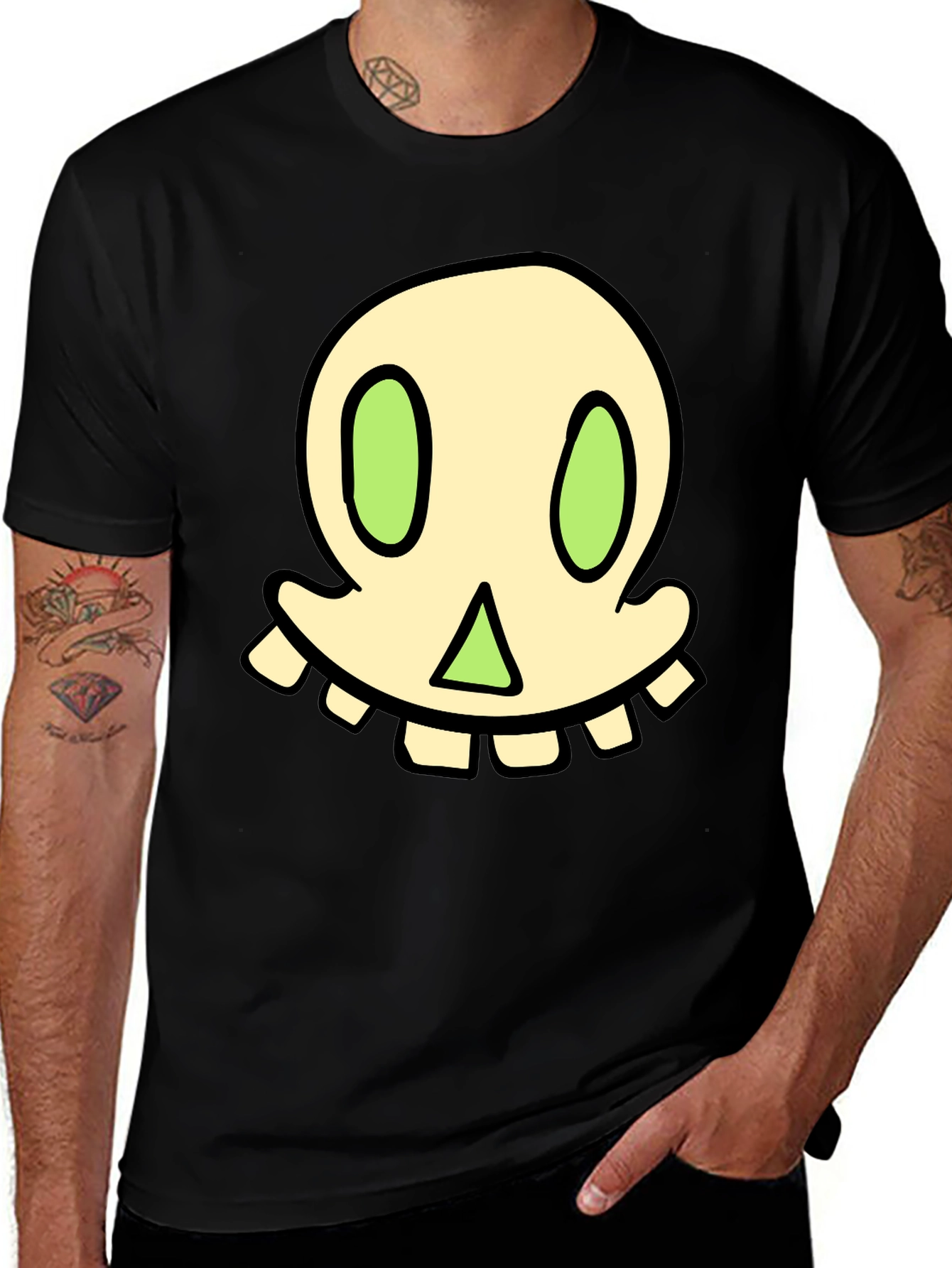Cartoon Skull Graphic Tee - Black Cotton Blend
