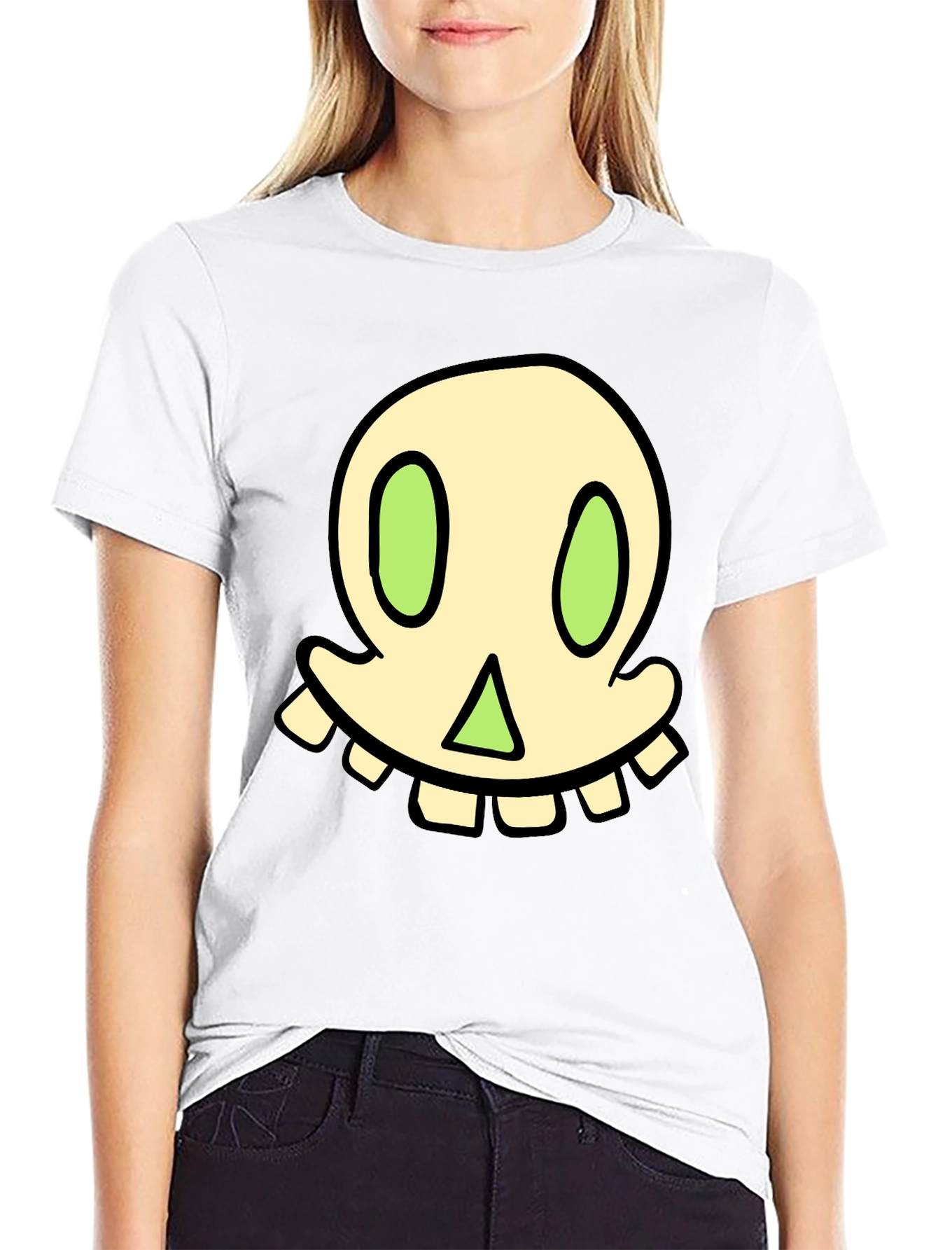 Cartoon Skull Graphic Tee - Black Cotton Blend