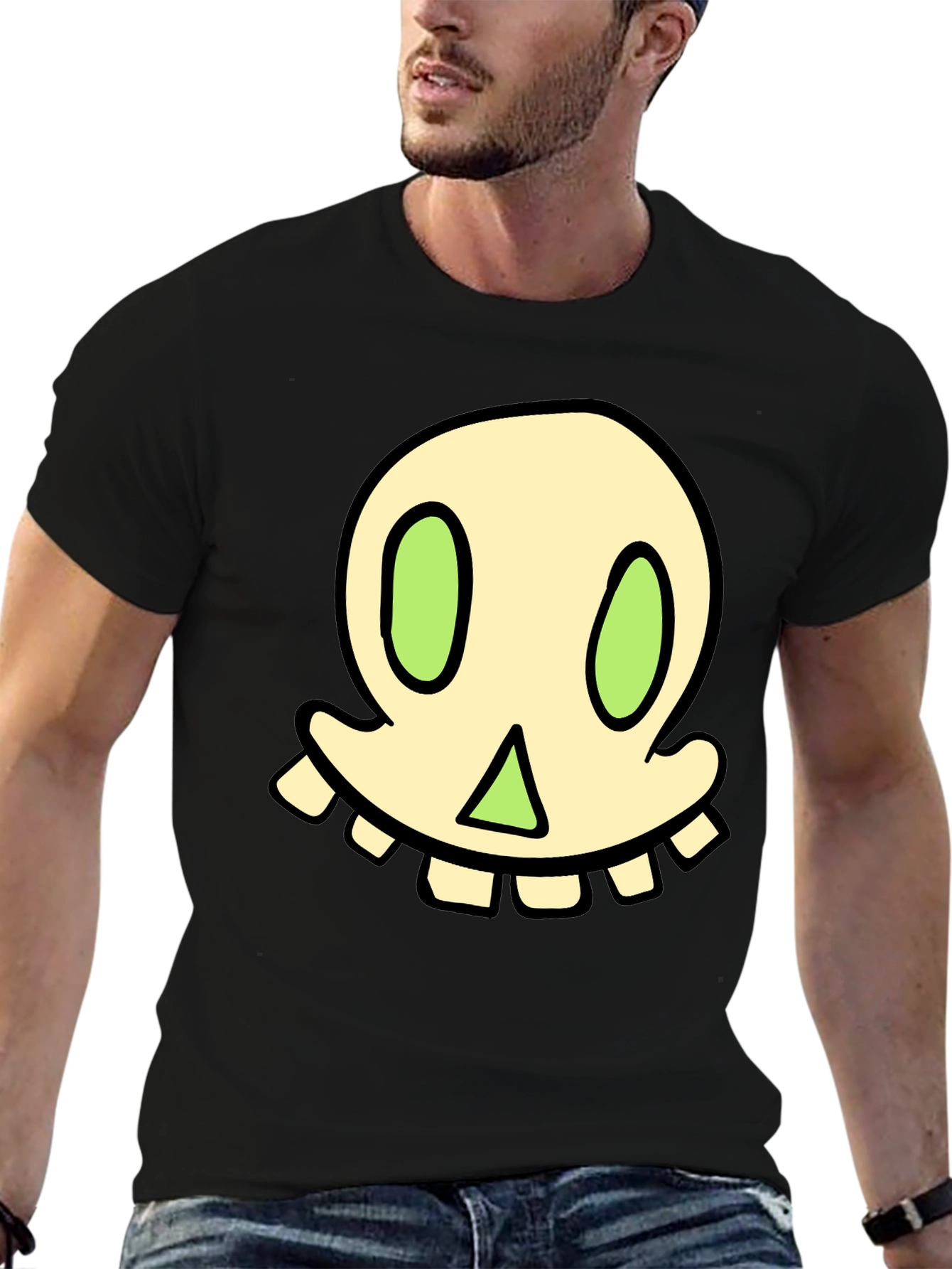 Cartoon Skull Graphic Tee - Black Cotton Blend