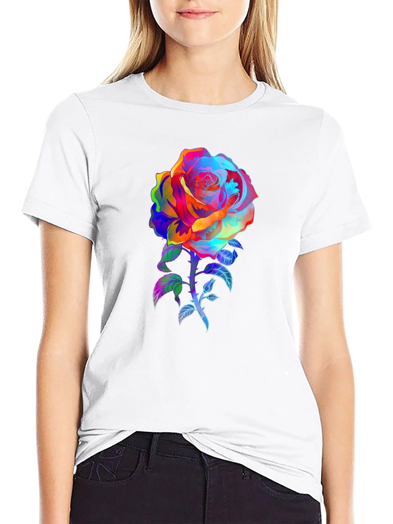 Rainbow Rose Graphic Tee - Vivid Floral Print