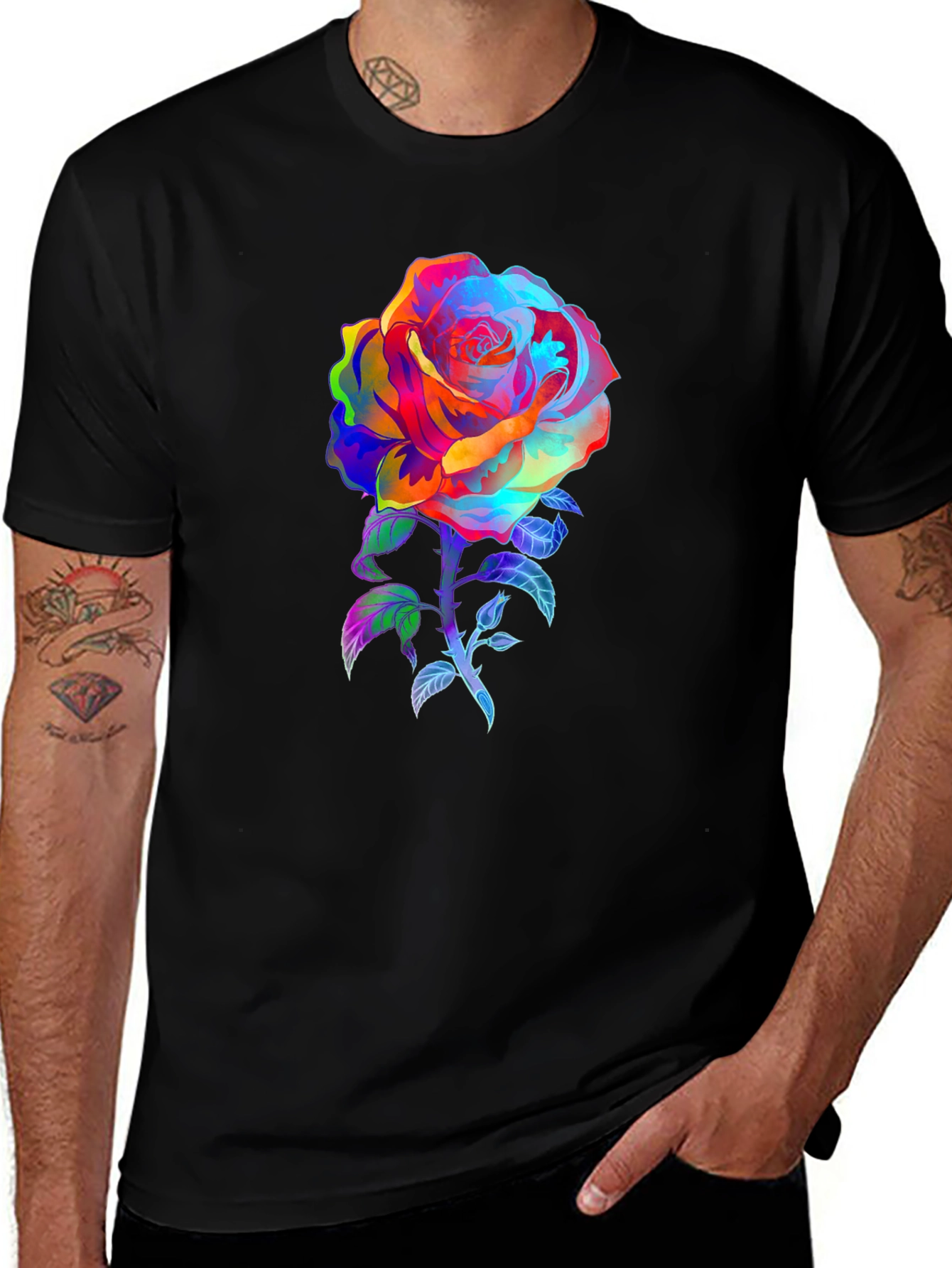 Rainbow Rose Graphic Tee - Vivid Floral Print