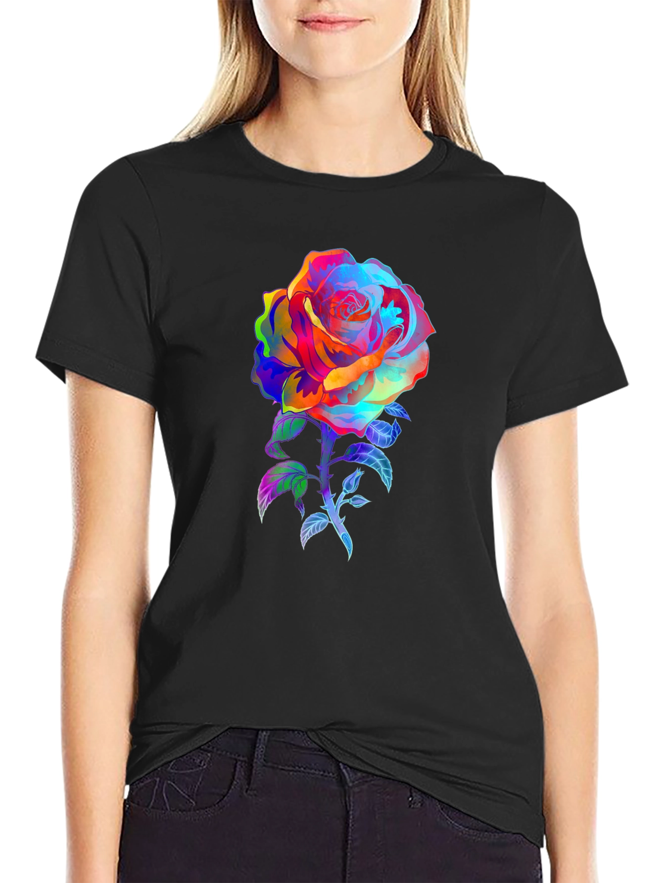 Rainbow Rose Graphic Tee - Vivid Floral Print