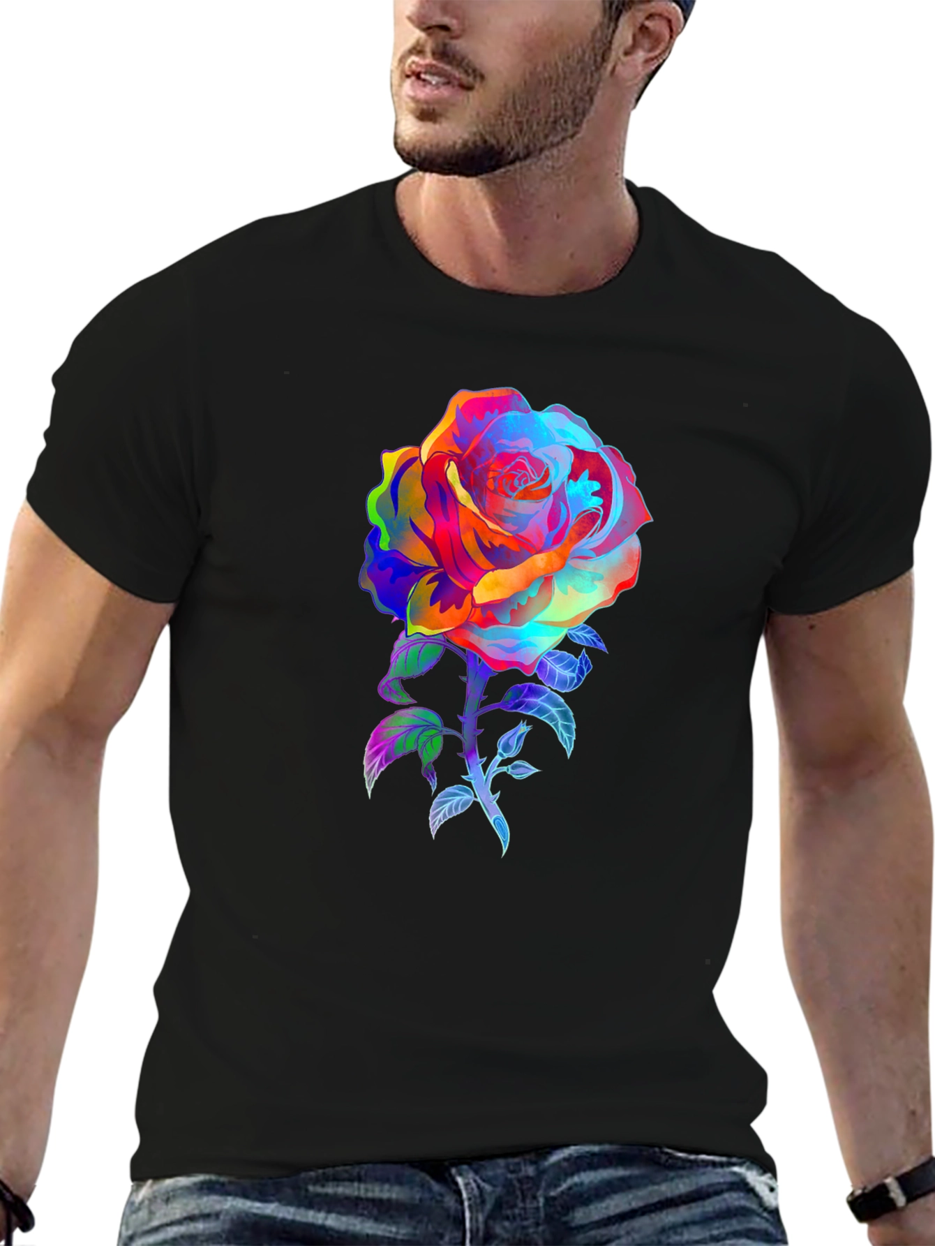 Rainbow Rose Graphic Tee - Vivid Floral Print