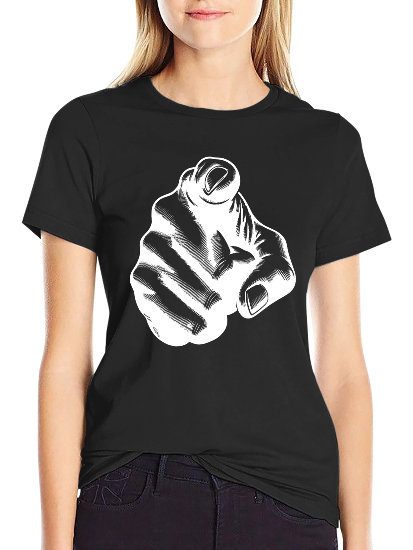 Pointing Hand Graphic Tee - Black Cotton T-Shirt