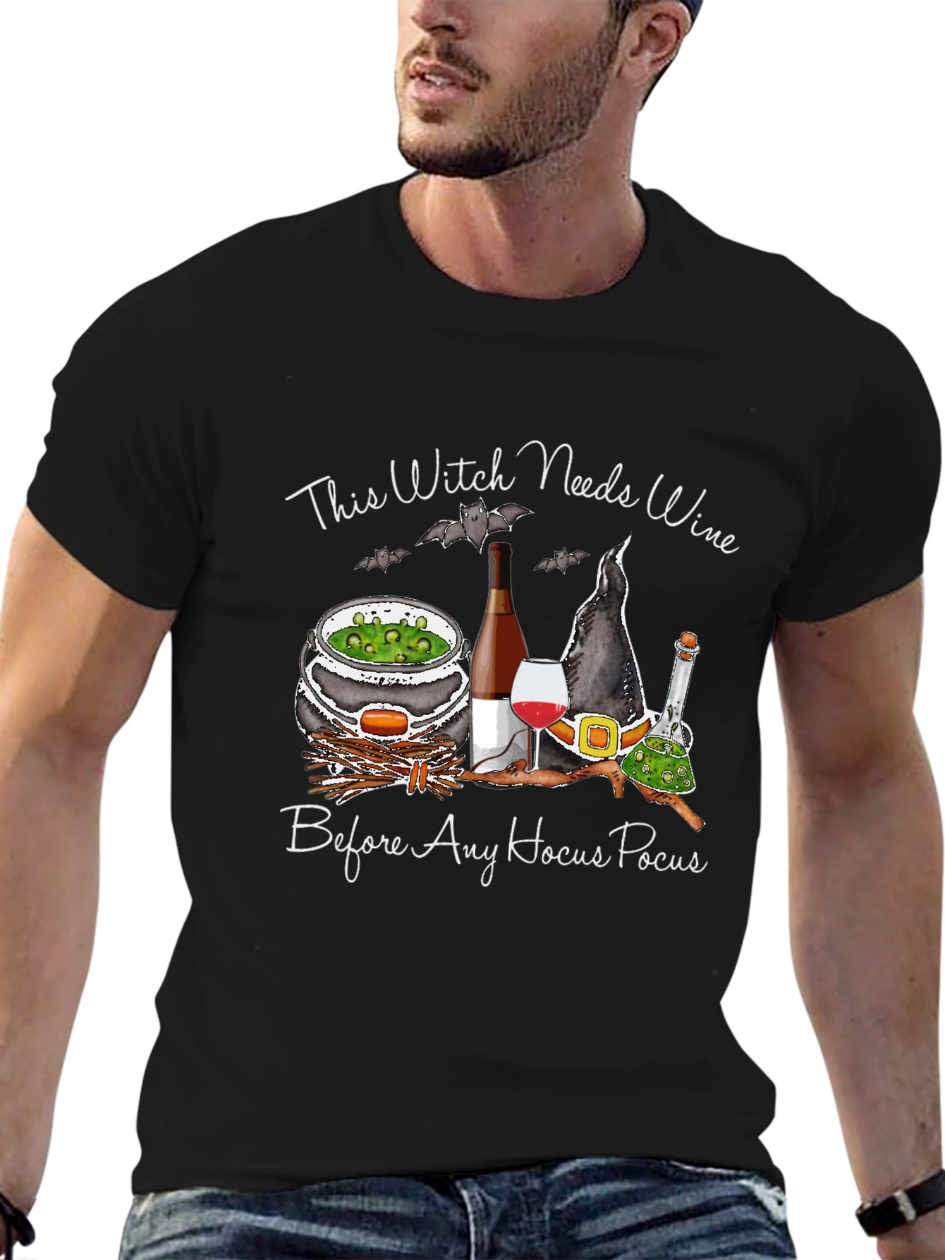 Witch Needs Wine Halloween Graphic T-Shirt