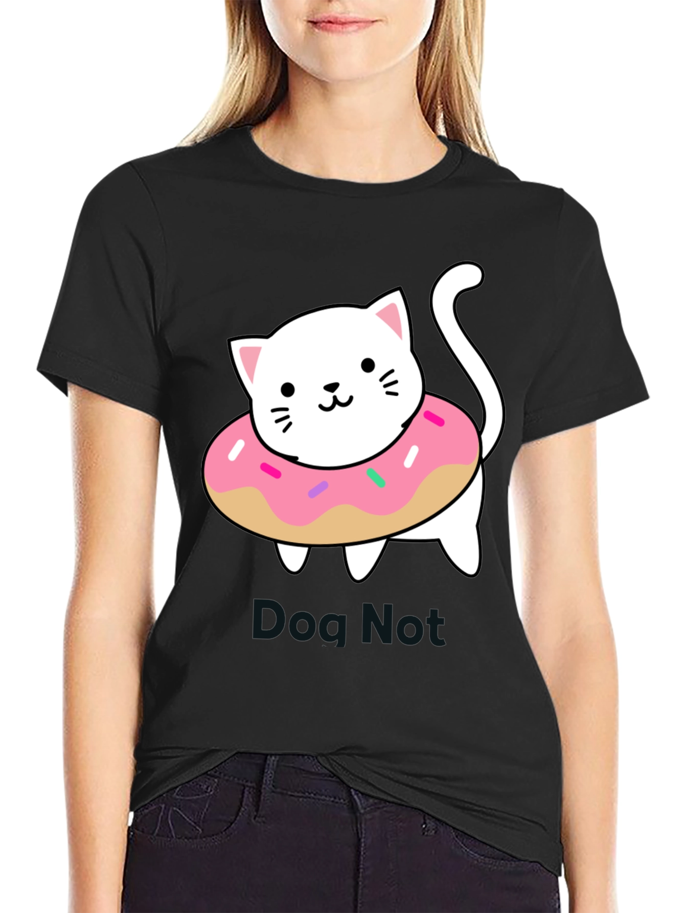 Cute Cat Donut T-Shirt - Black Cotton Tee