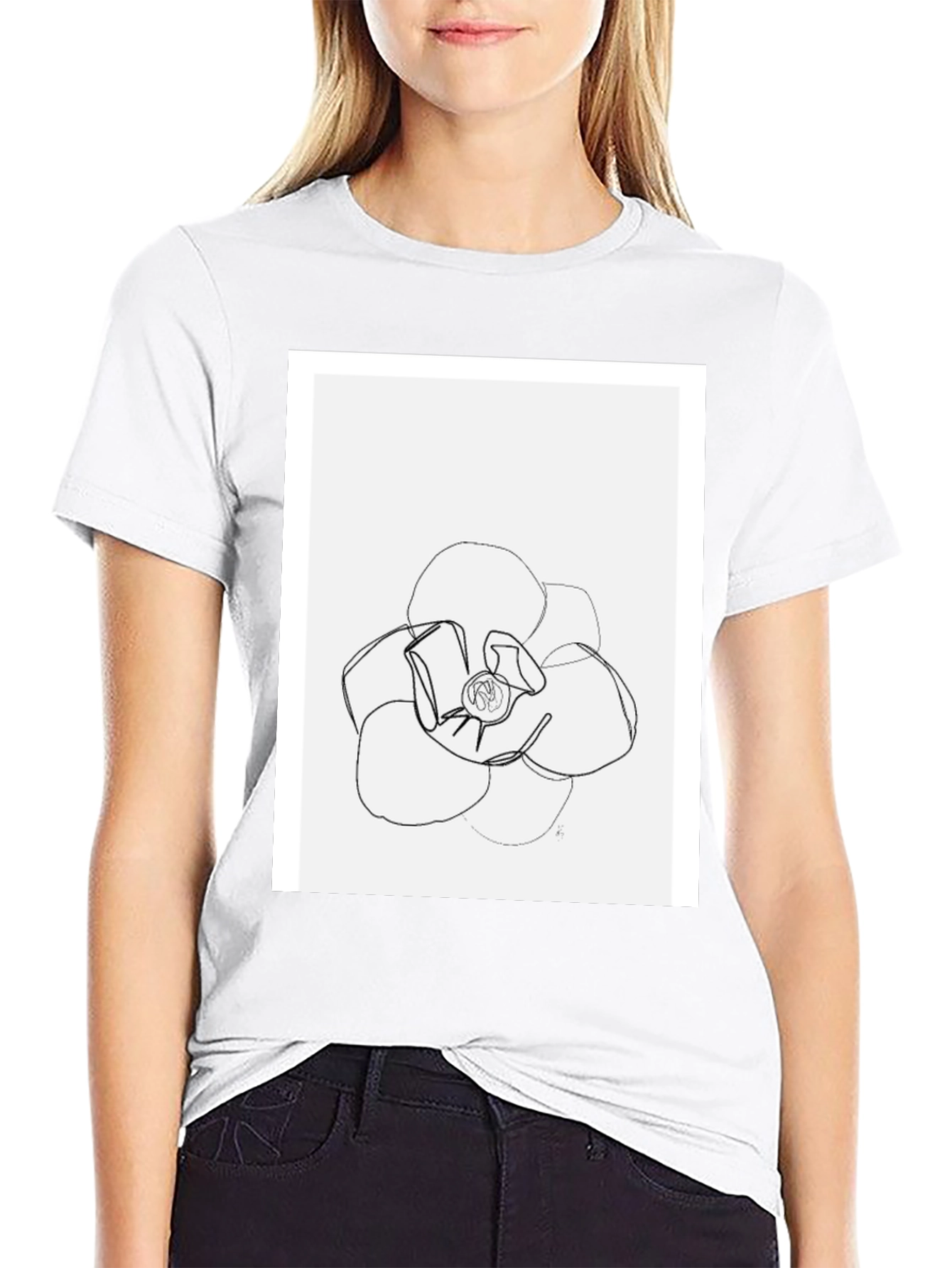 Minimalist Flower Line Art Black T-Shirt
