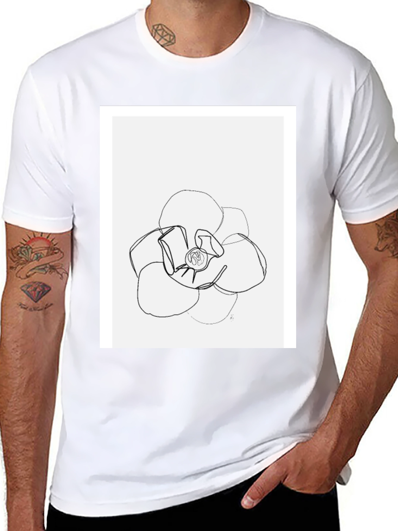 Minimalist Flower Line Art Black T-Shirt
