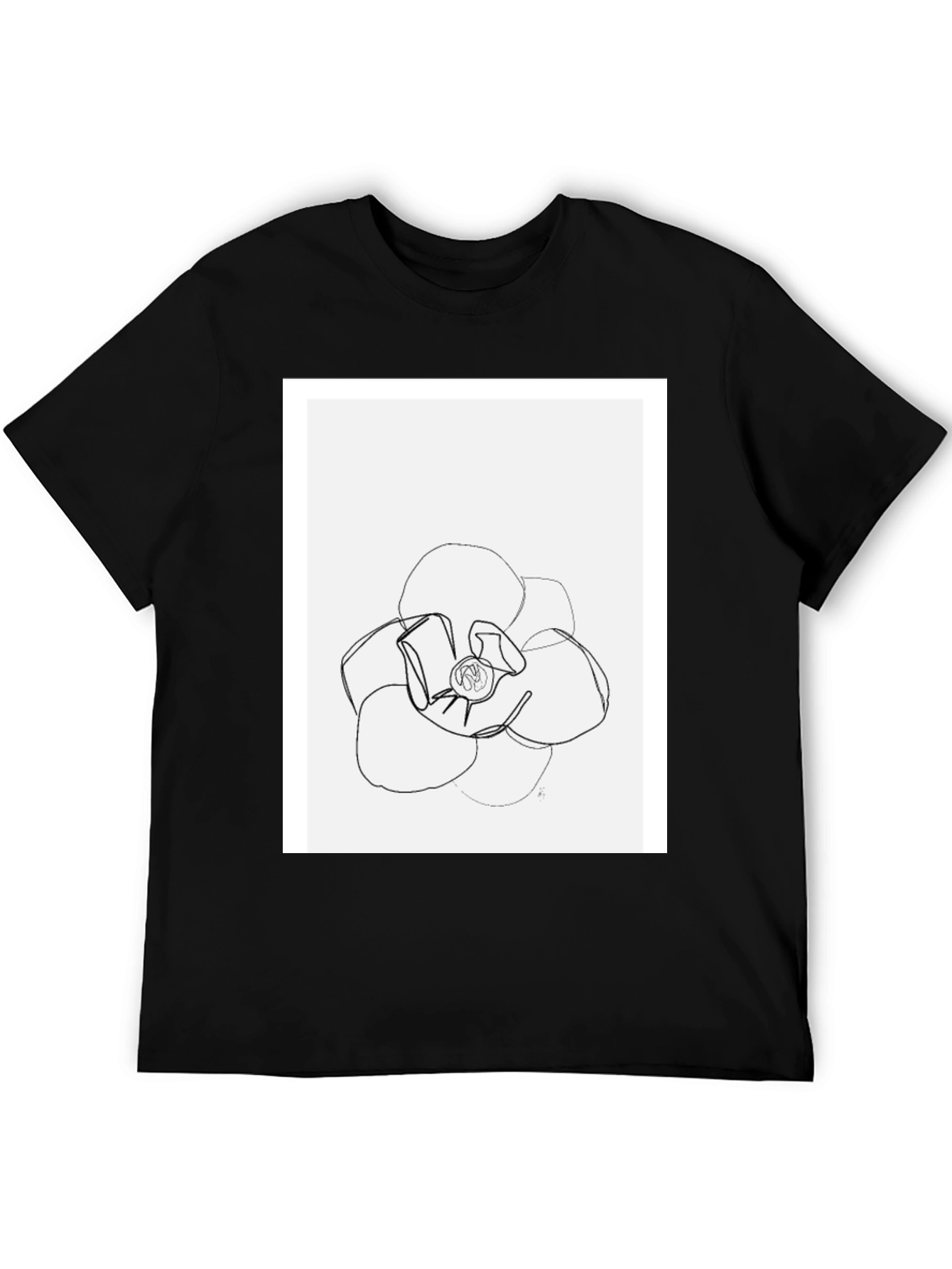 Minimalist Flower Line Art Black T-Shirt