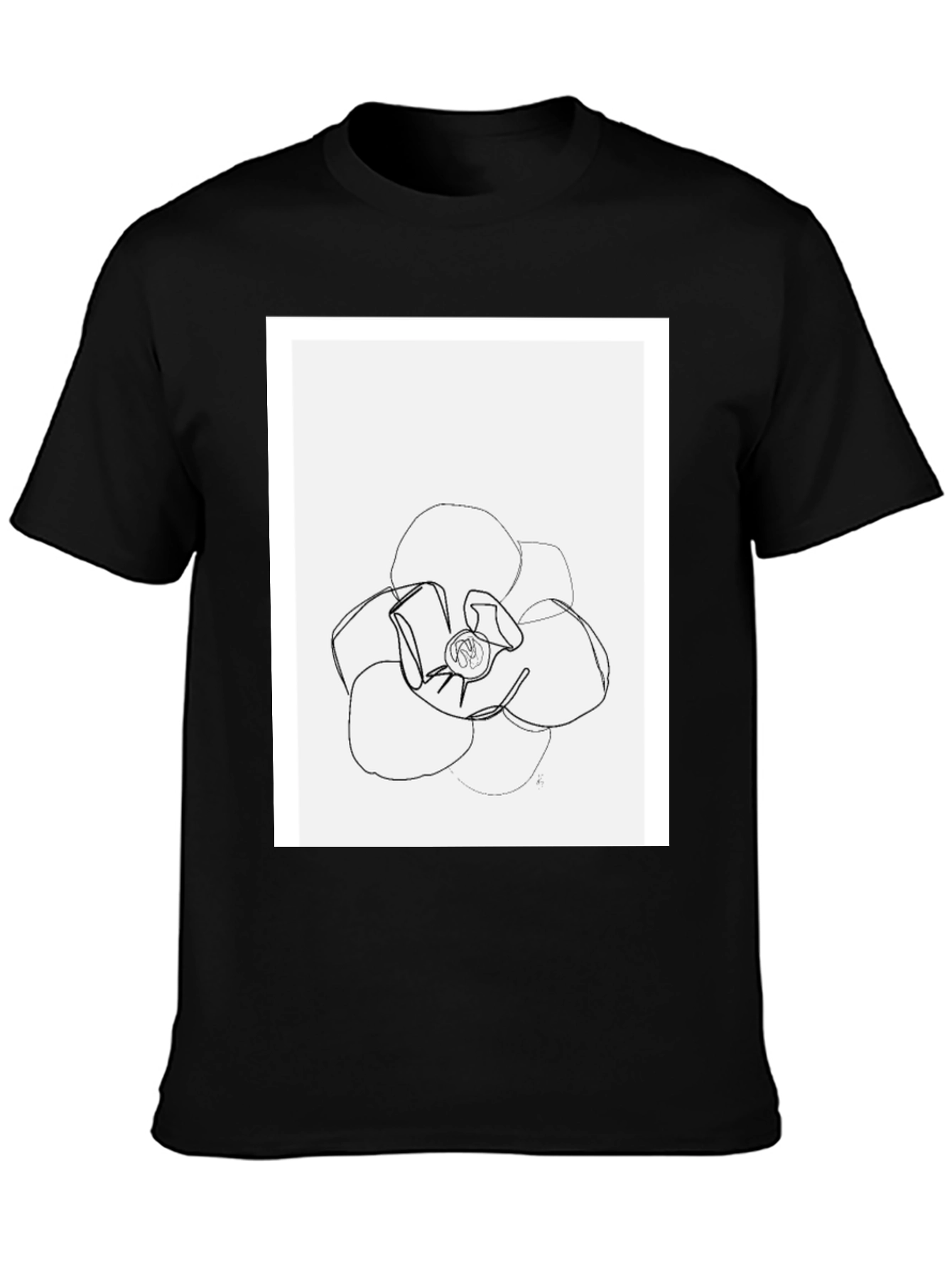 Minimalist Flower Line Art Black T-Shirt