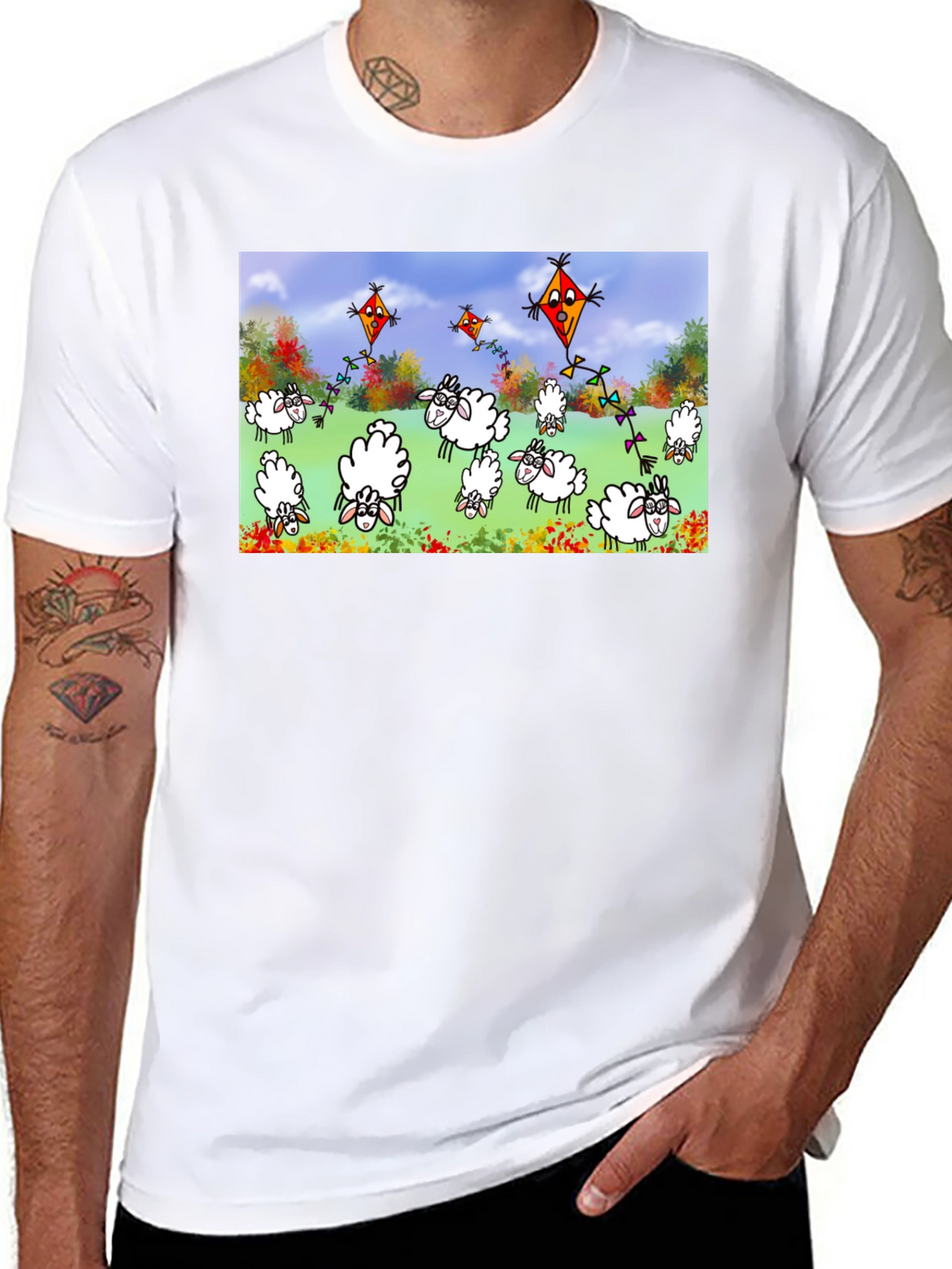 Cartoon Sheep & Kite Print Black Tee