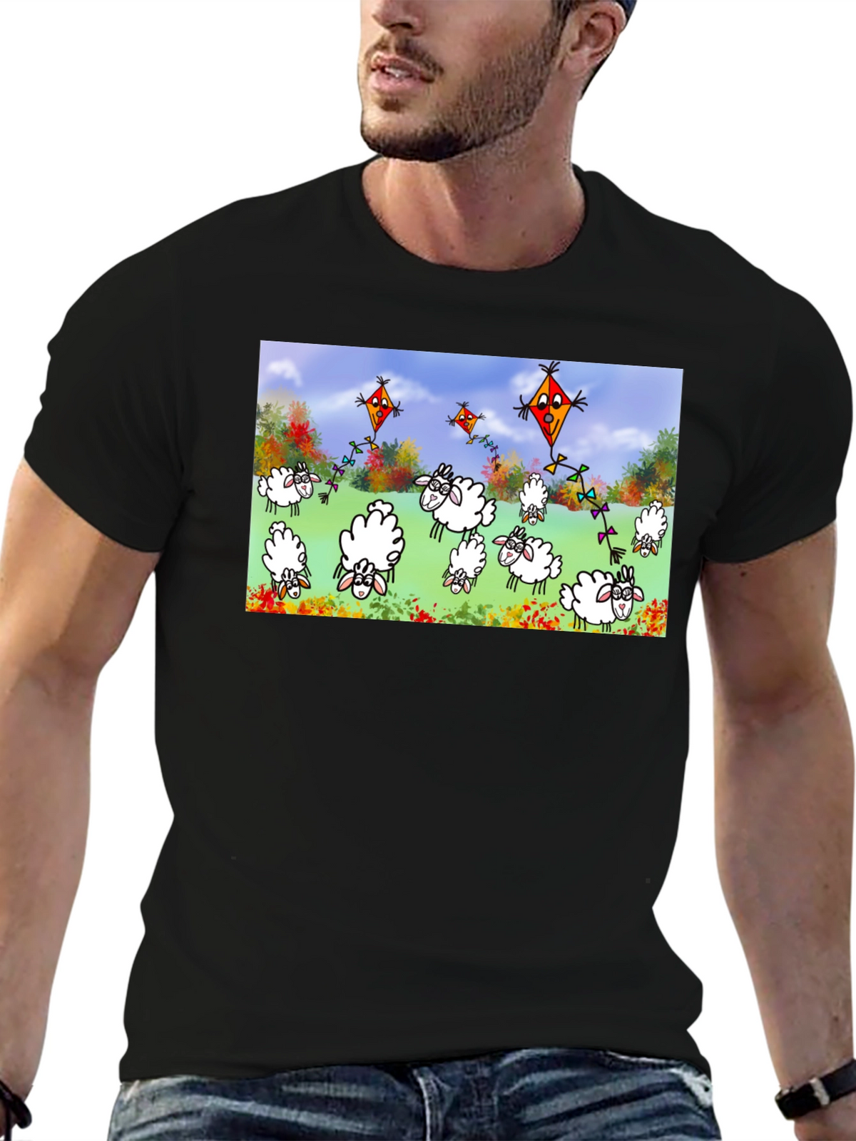 Cartoon Sheep & Kite Print Black Tee