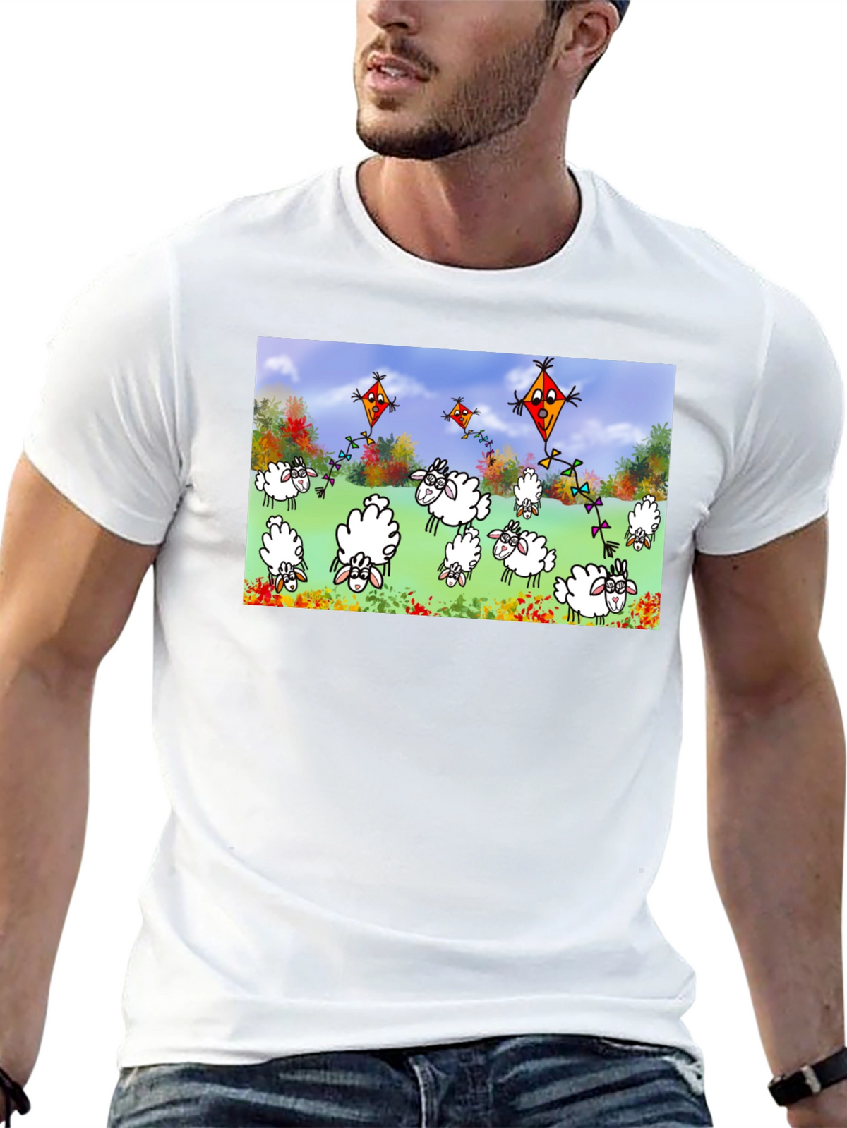 Cartoon Sheep & Kite Print Black Tee