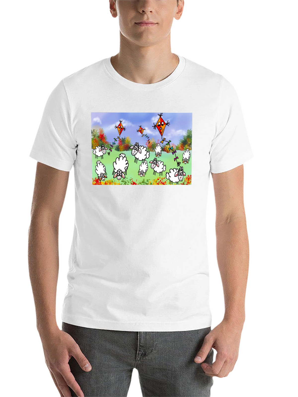 Cartoon Sheep & Kite Print Black Tee