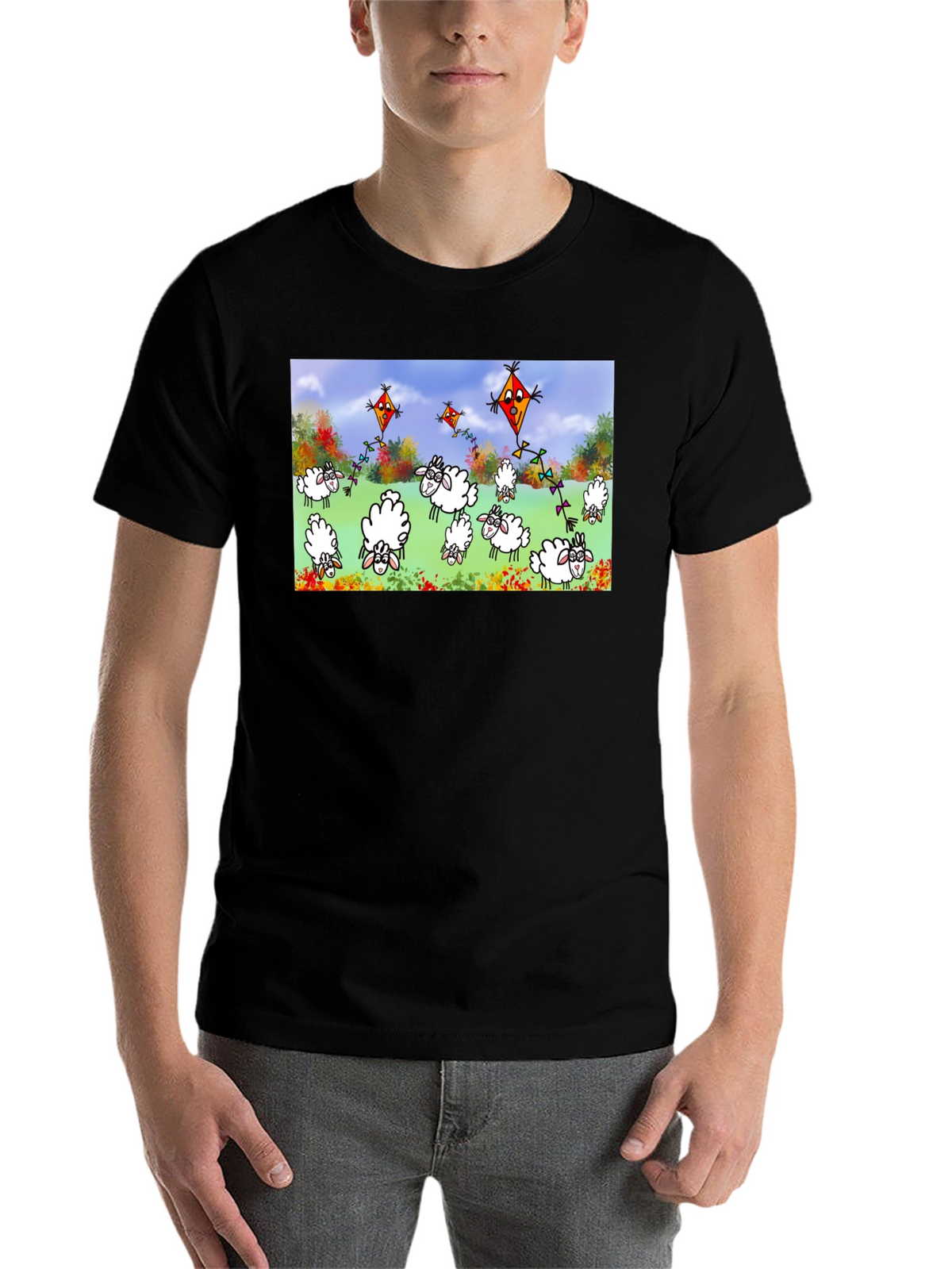Cartoon Sheep & Kite Print Black Tee