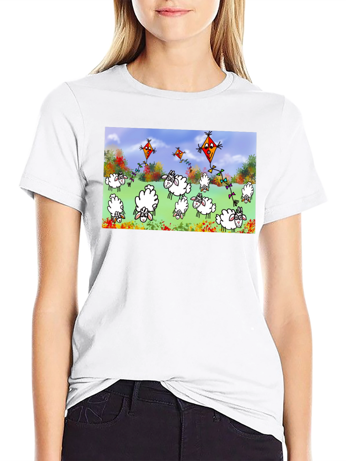 Cartoon Sheep & Kite Print Black Tee