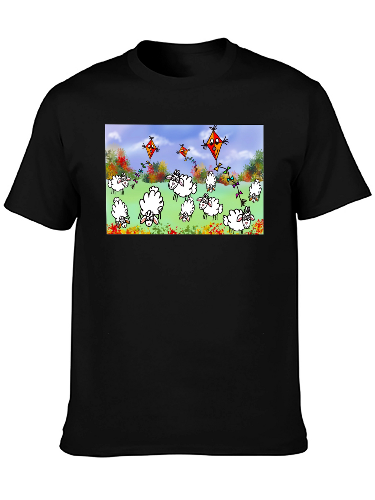 Cartoon Sheep & Kite Print Black Tee