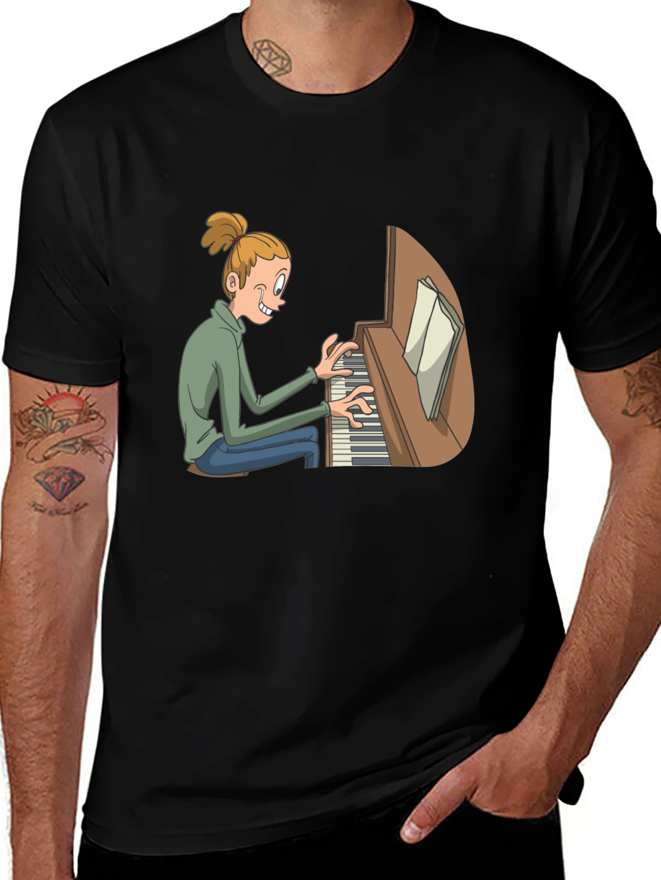 Piano Player Cartoon Black T-Shirt