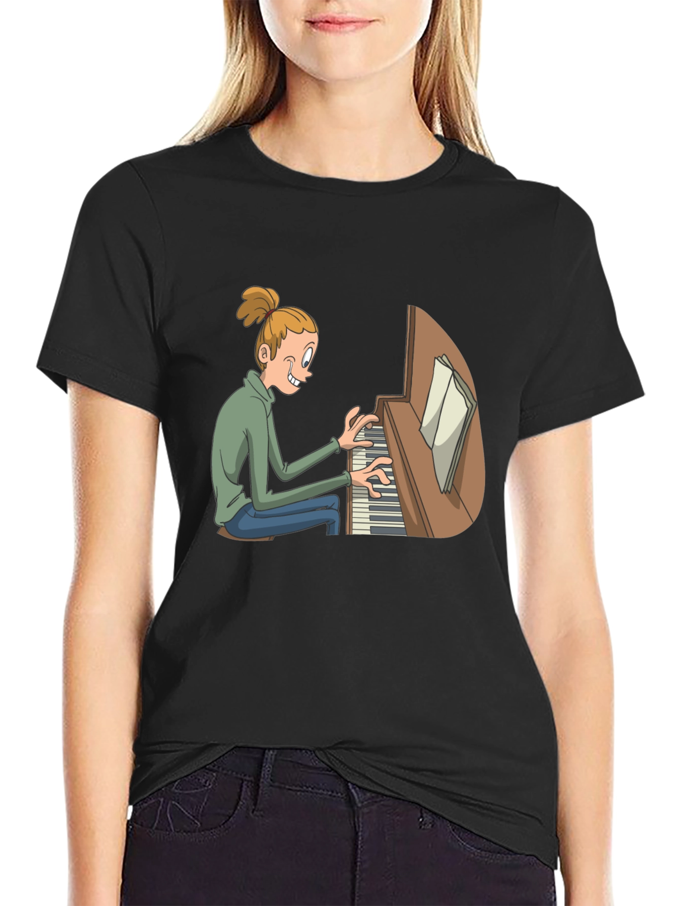 Piano Player Cartoon Black T-Shirt