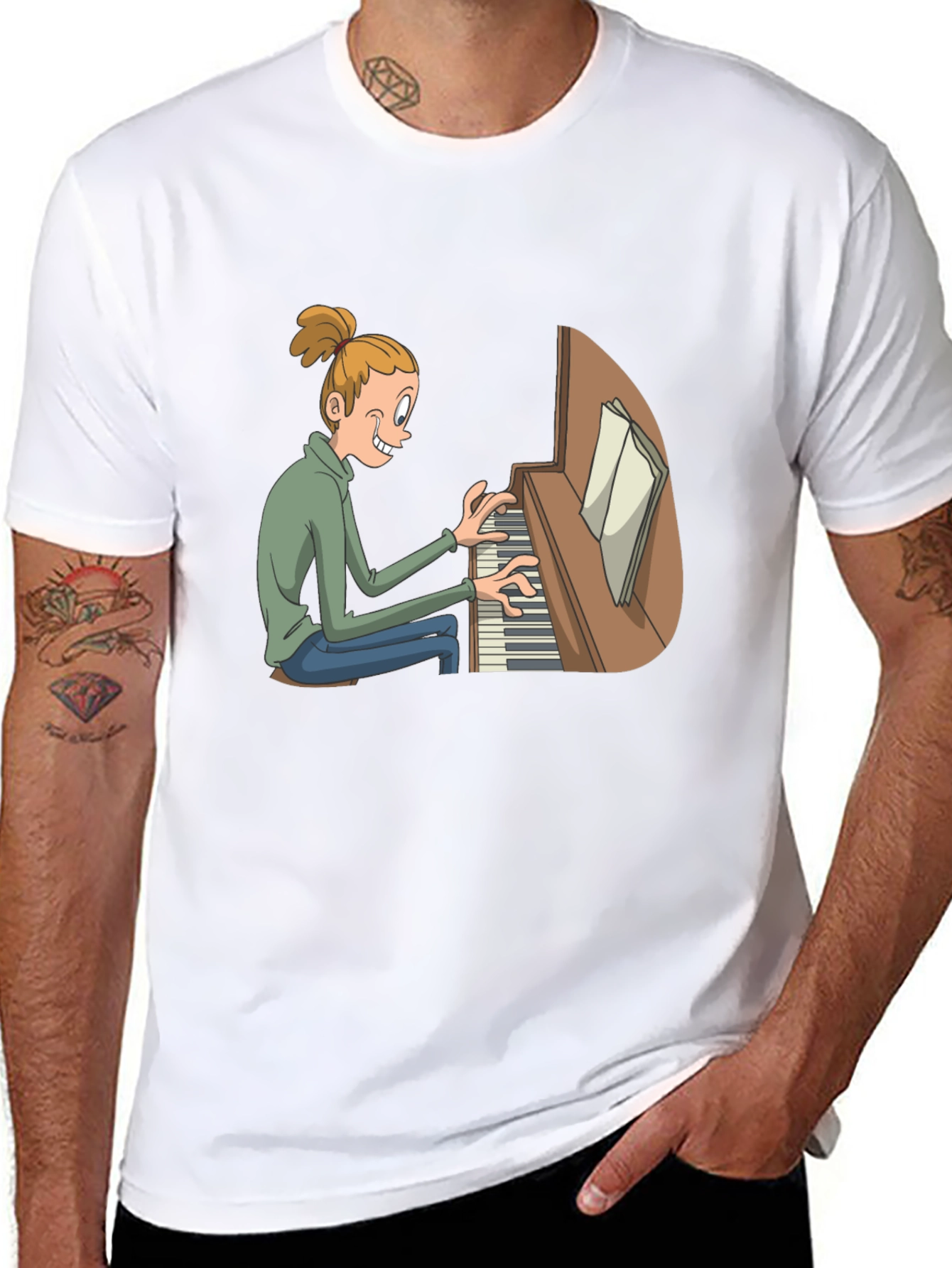 Piano Player Cartoon Black T-Shirt