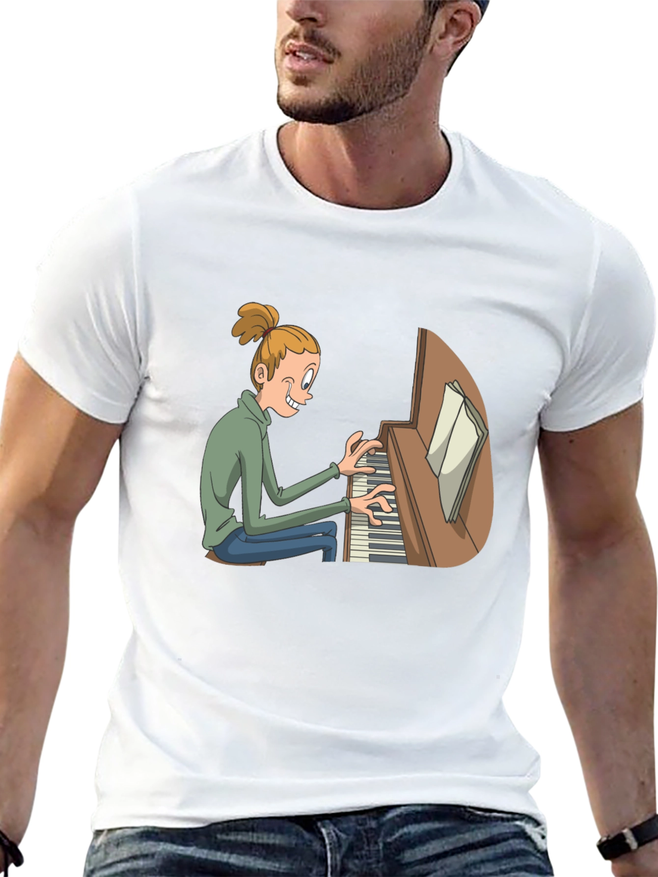 Piano Player Cartoon Black T-Shirt