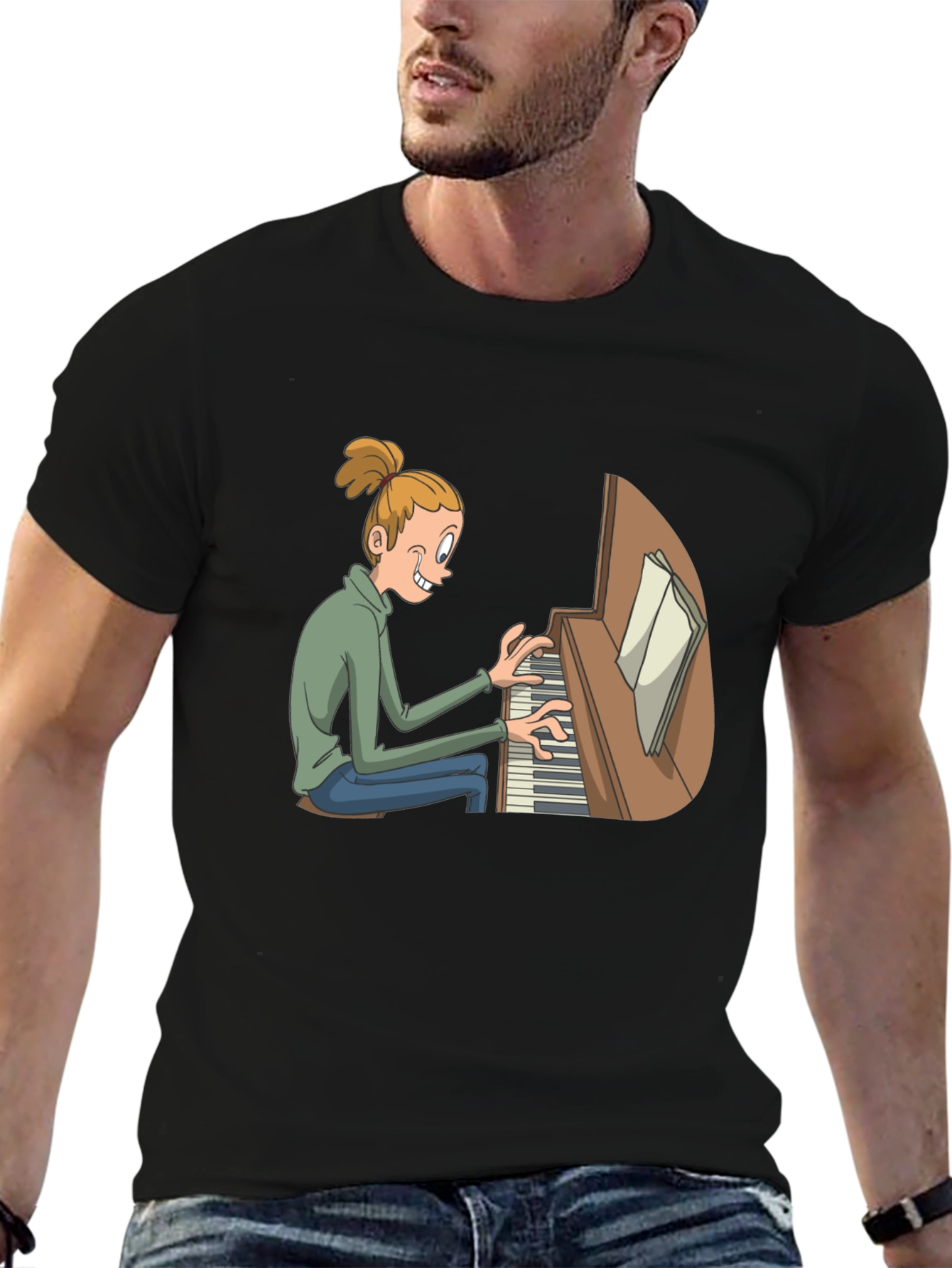 Piano Player Cartoon Black T-Shirt