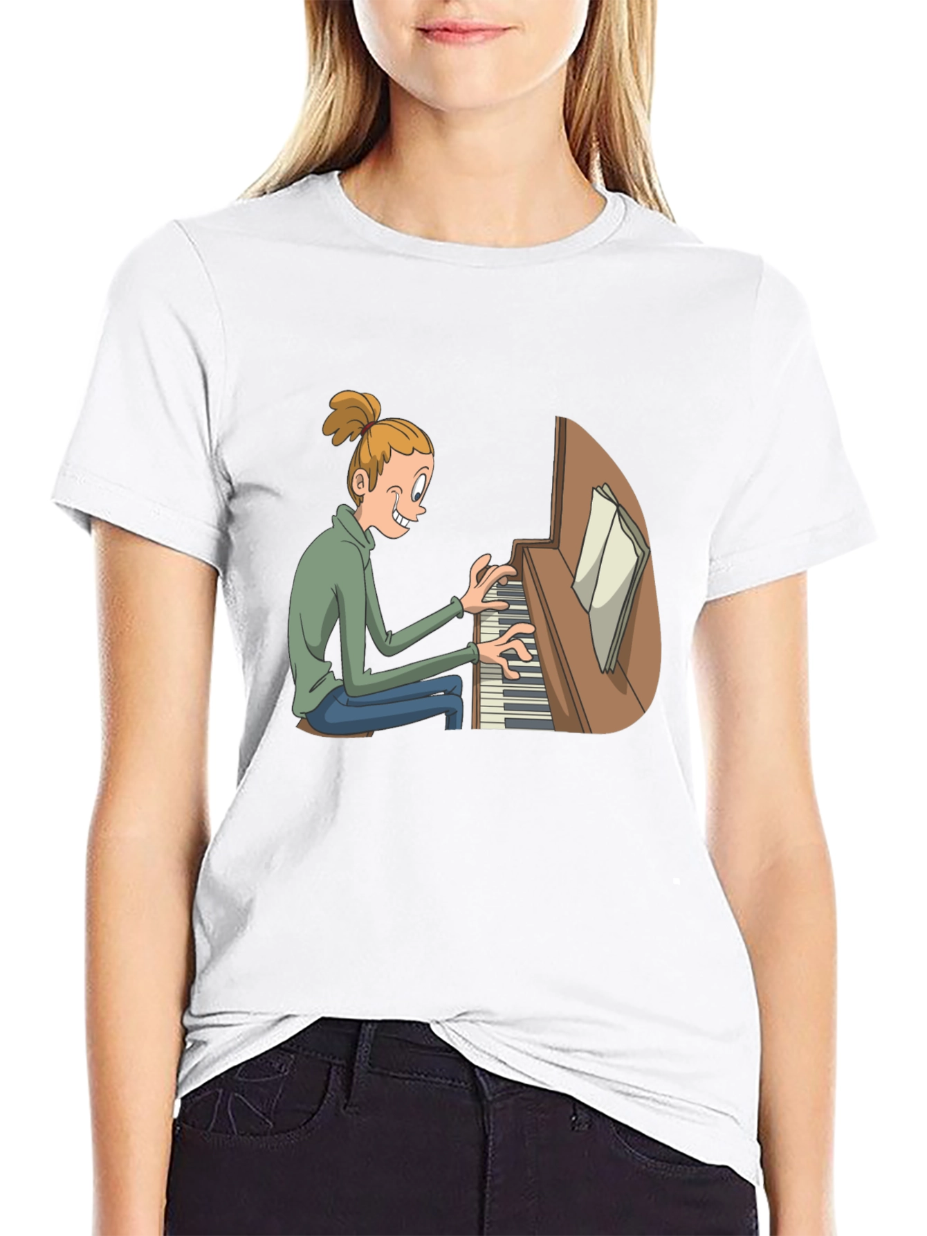 Piano Player Cartoon Black T-Shirt