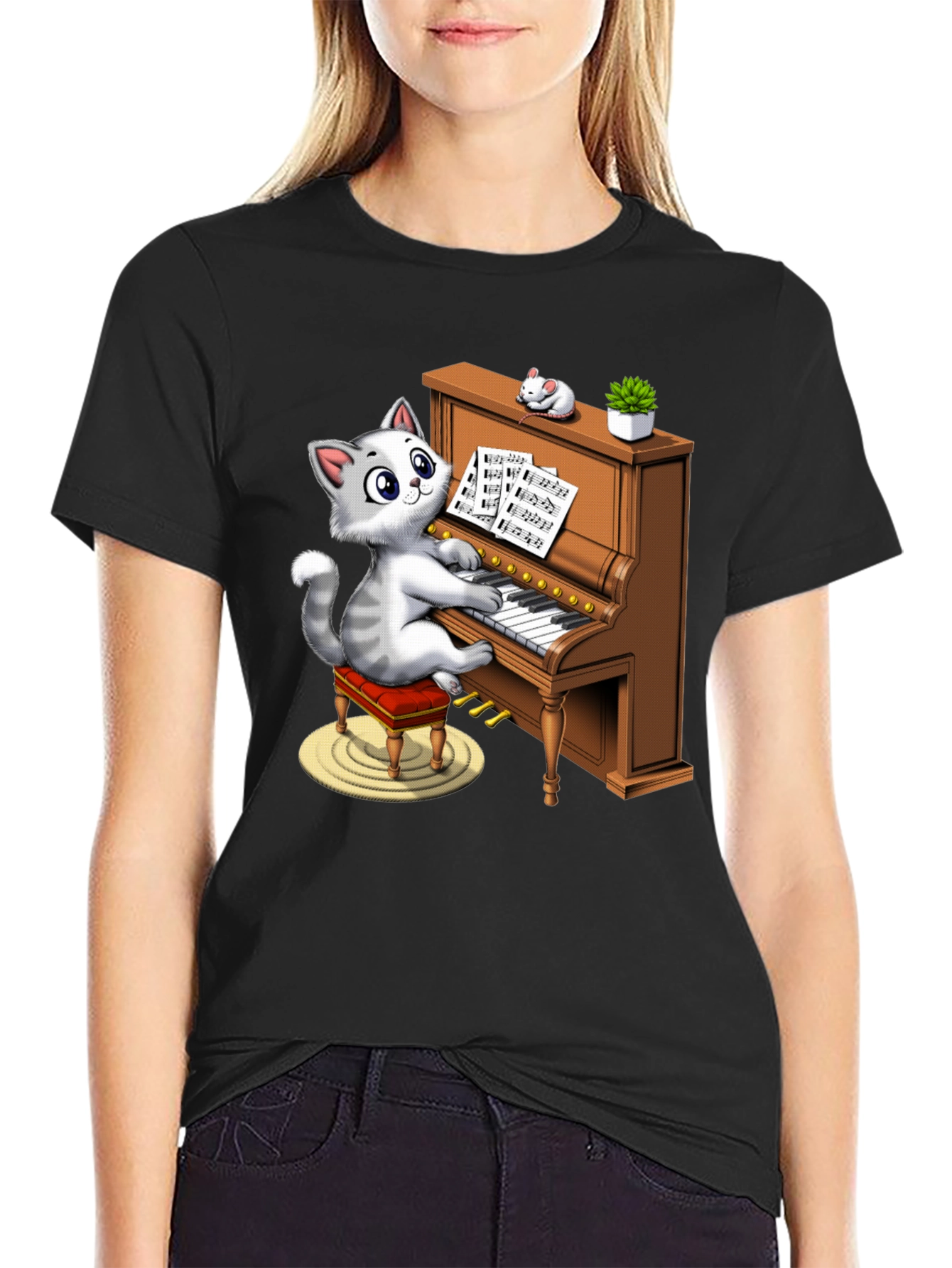 Cat Playing Piano Graphic Tee - Funny & Stylish