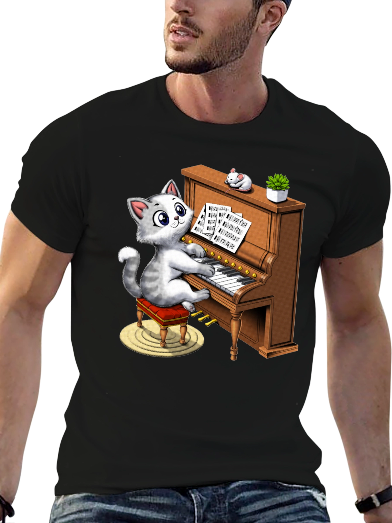 Cat Playing Piano Graphic Tee - Funny & Stylish