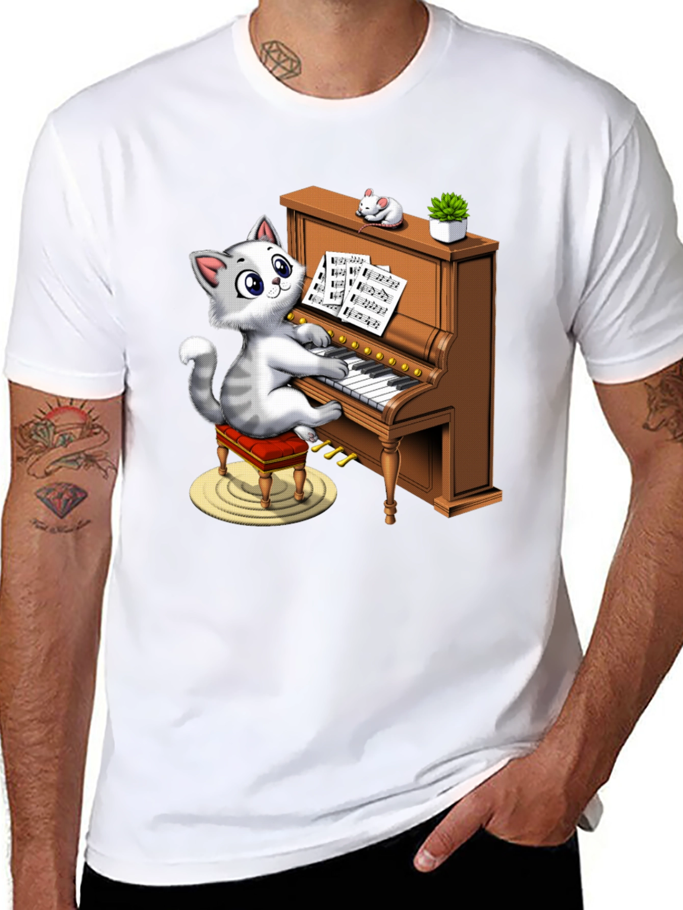 Cat Playing Piano Graphic Tee - Funny & Stylish